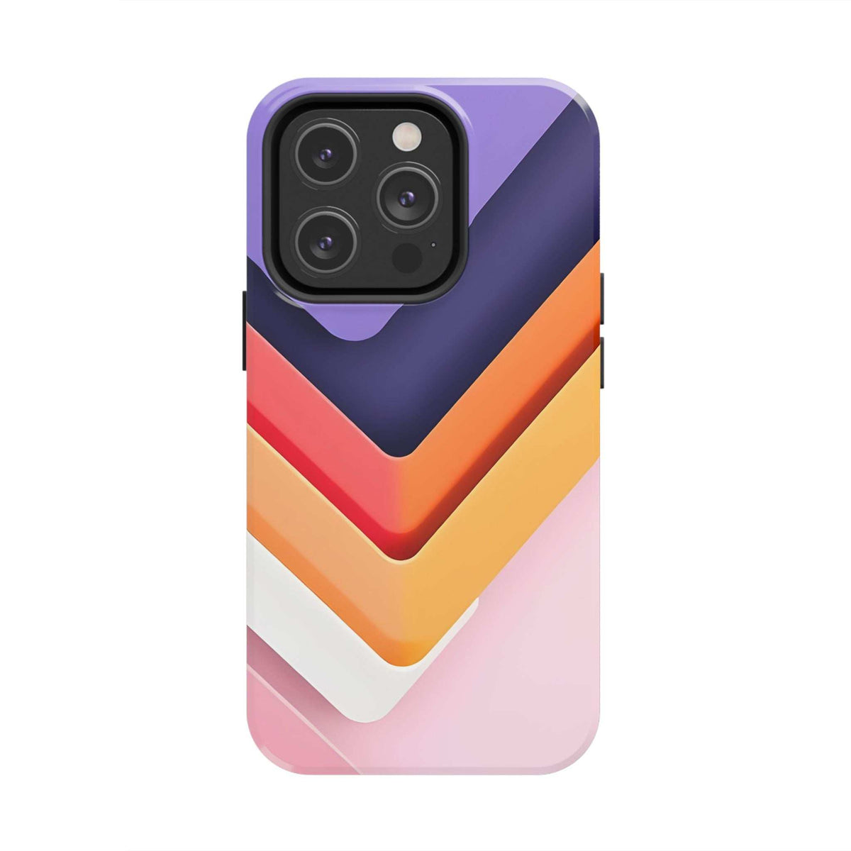 Phone case with chevron stripes; purple/navy top, orange-red mid, yellow and white lower