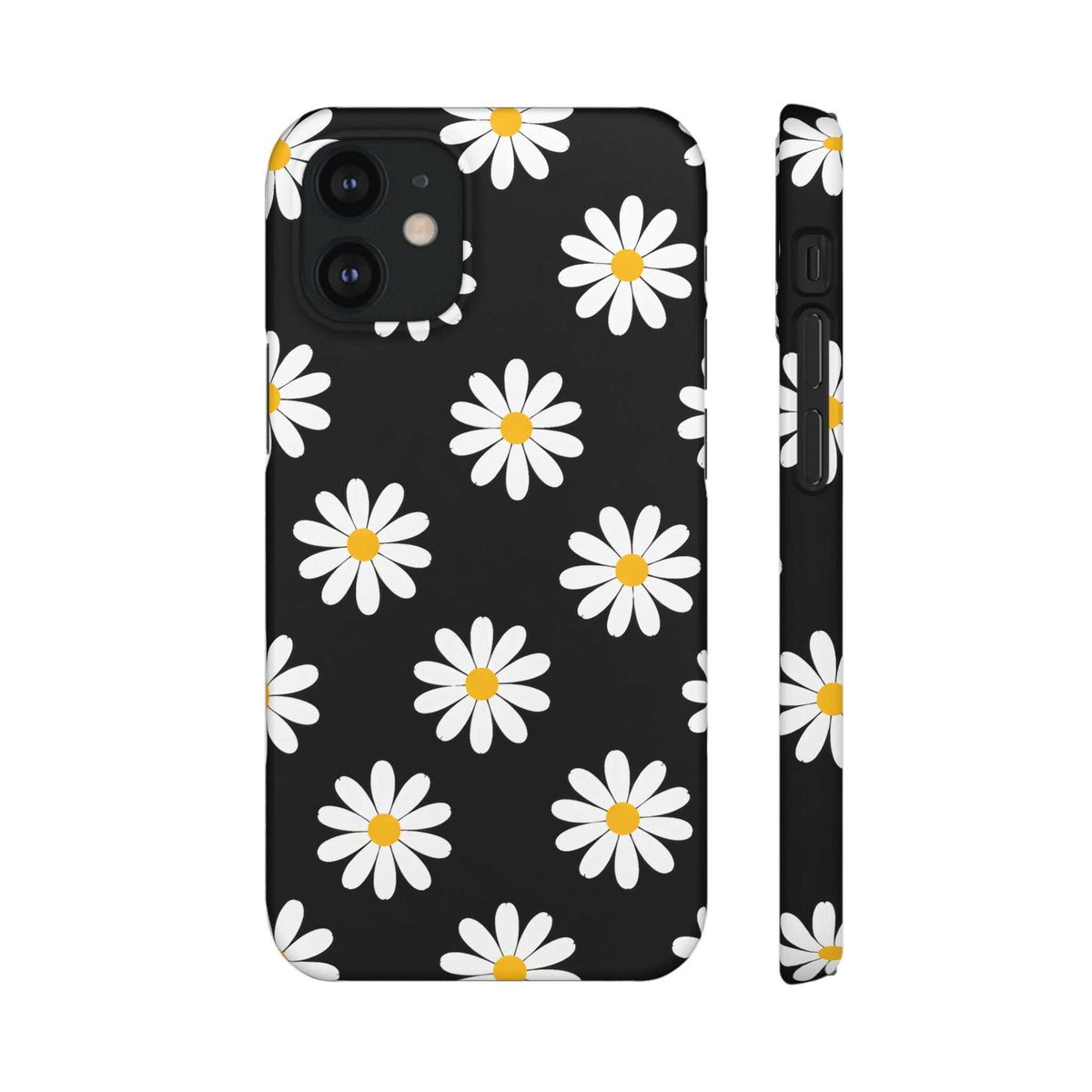 Black phone case with white daisies and yellow centers; back view with camera cutouts and edge.