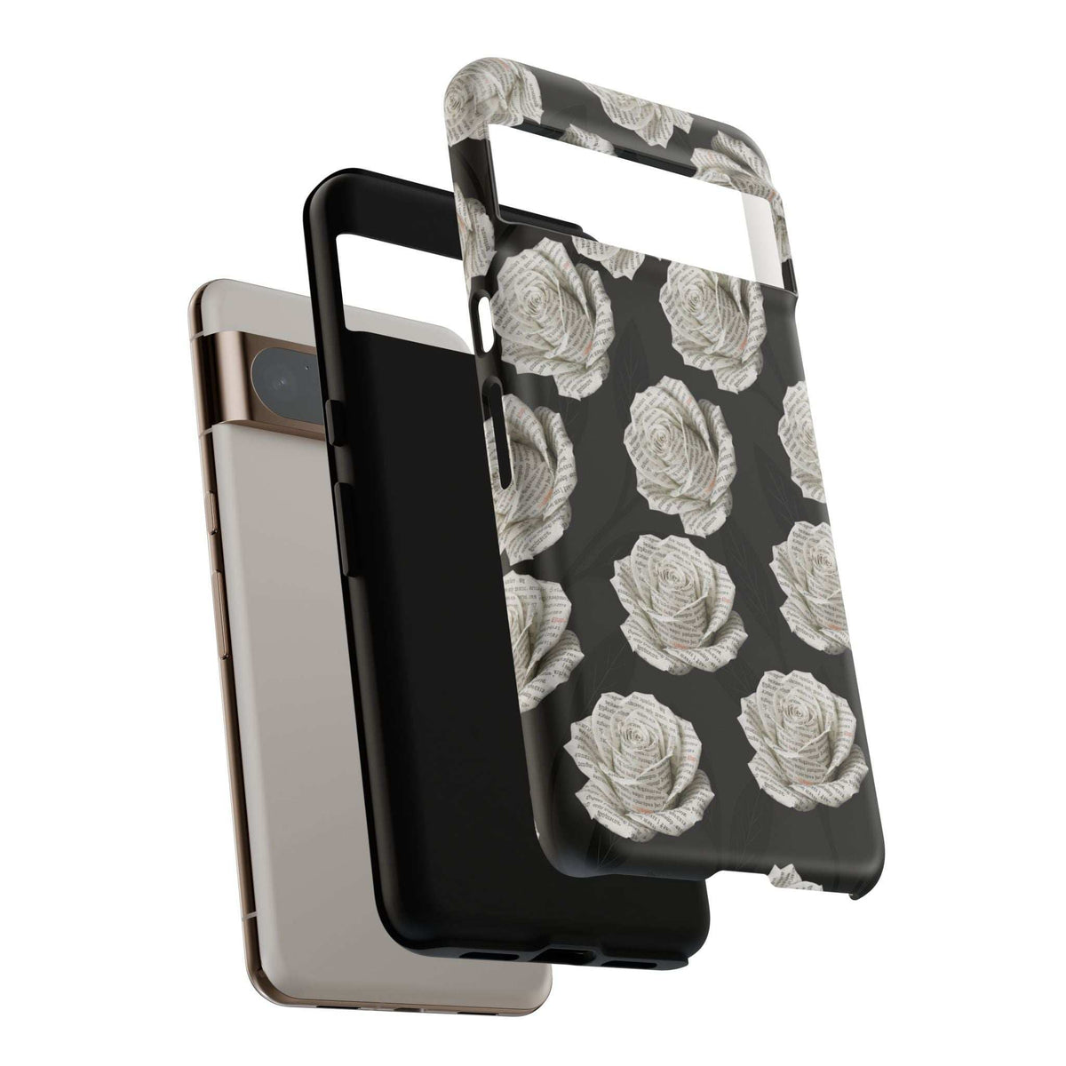 Rose-pattern phone case in black and white, front and back phones shown together.