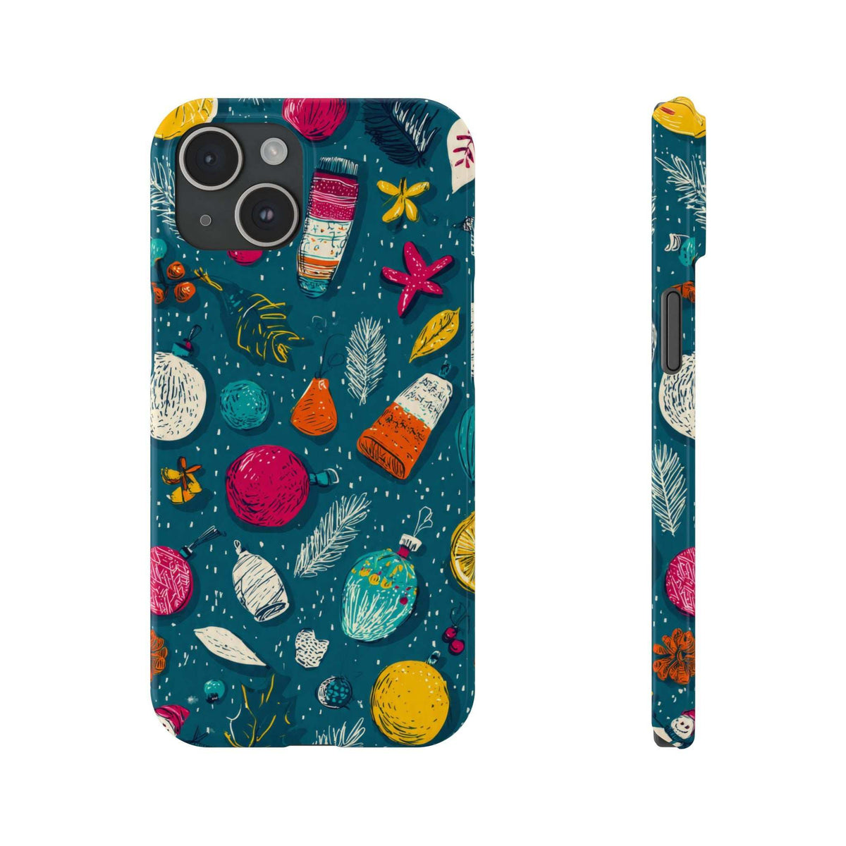 Winter Joy iPhone case, teal with festive illustrations; thin side view with opening cutouts