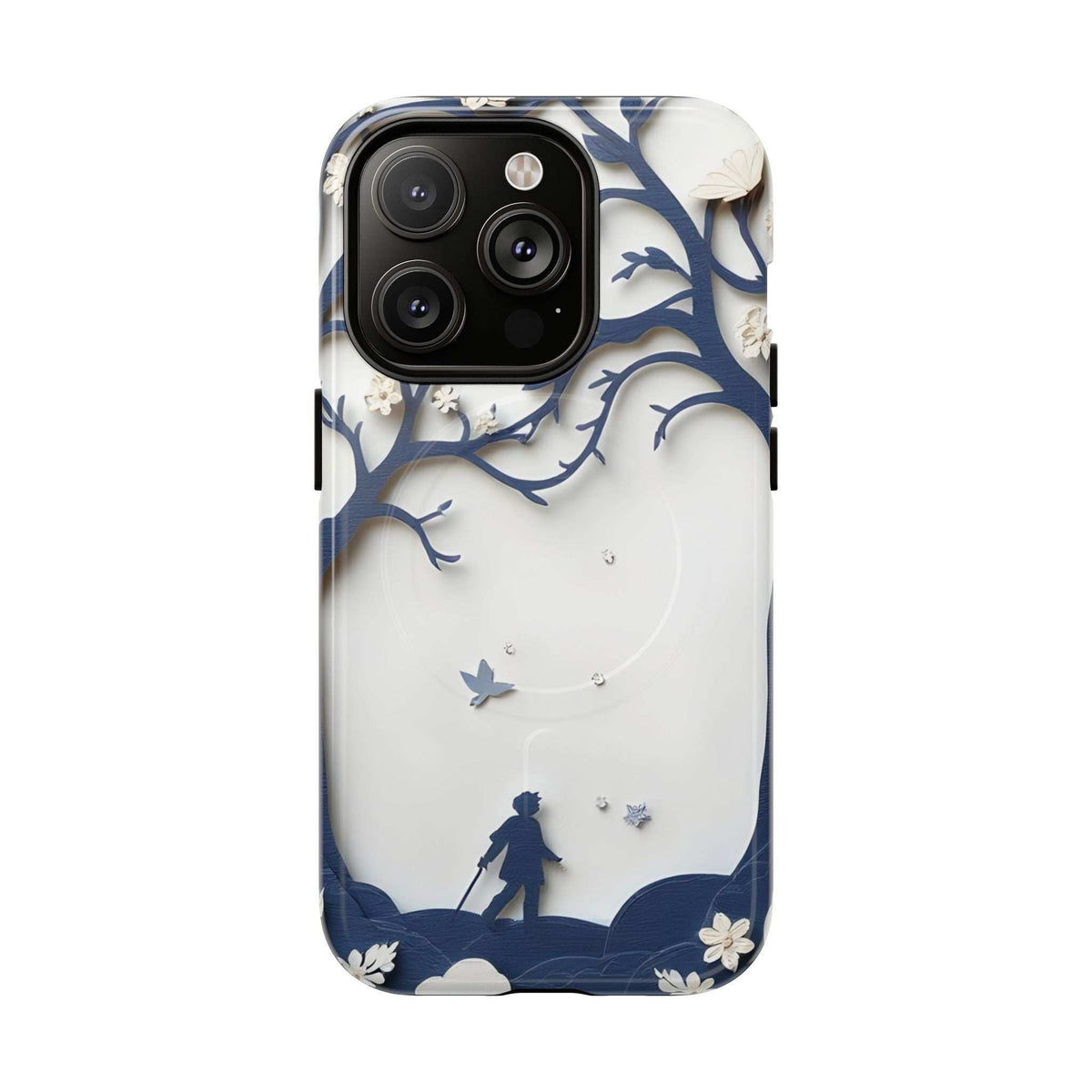 Phone case with blue nature silhouette artwork, black camera cutout