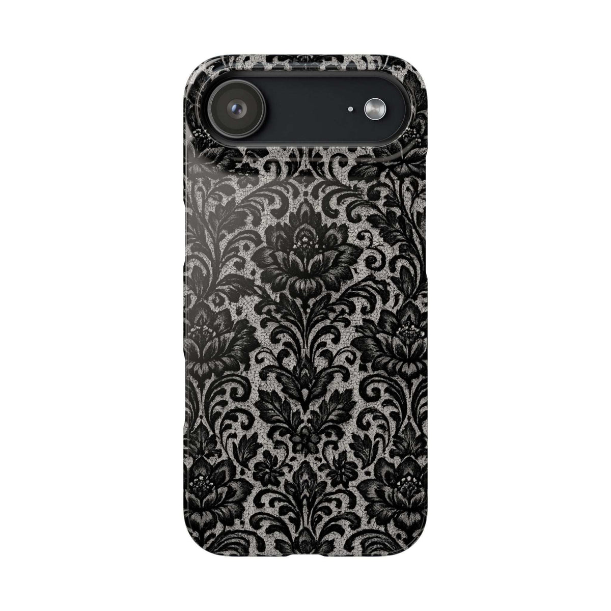 Damask floral phone case, side back view, dark gray/black with oval camera module
