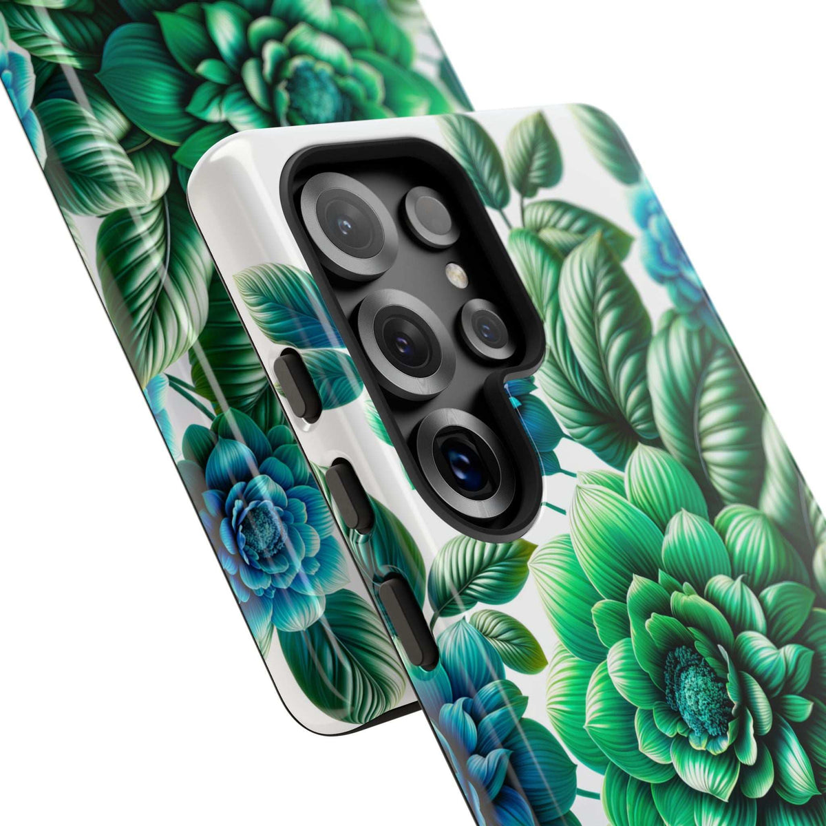 Green and blue floral phone case with raised camera cutout, angled back view