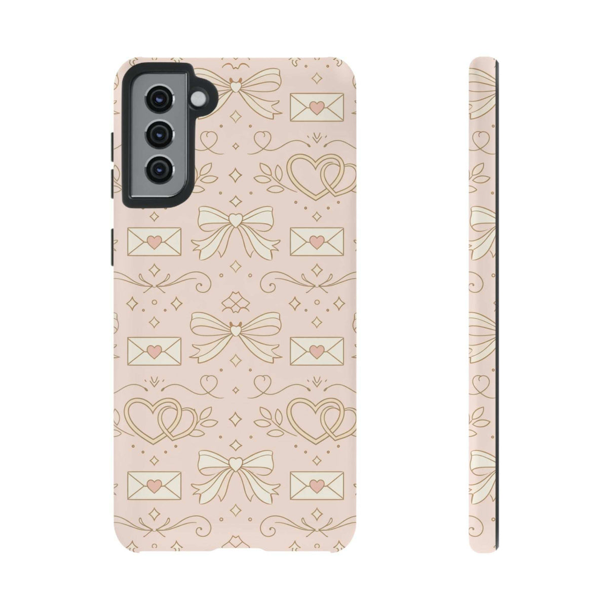 Pink tough phone case with gold hearts and bows, front view and narrow side edge