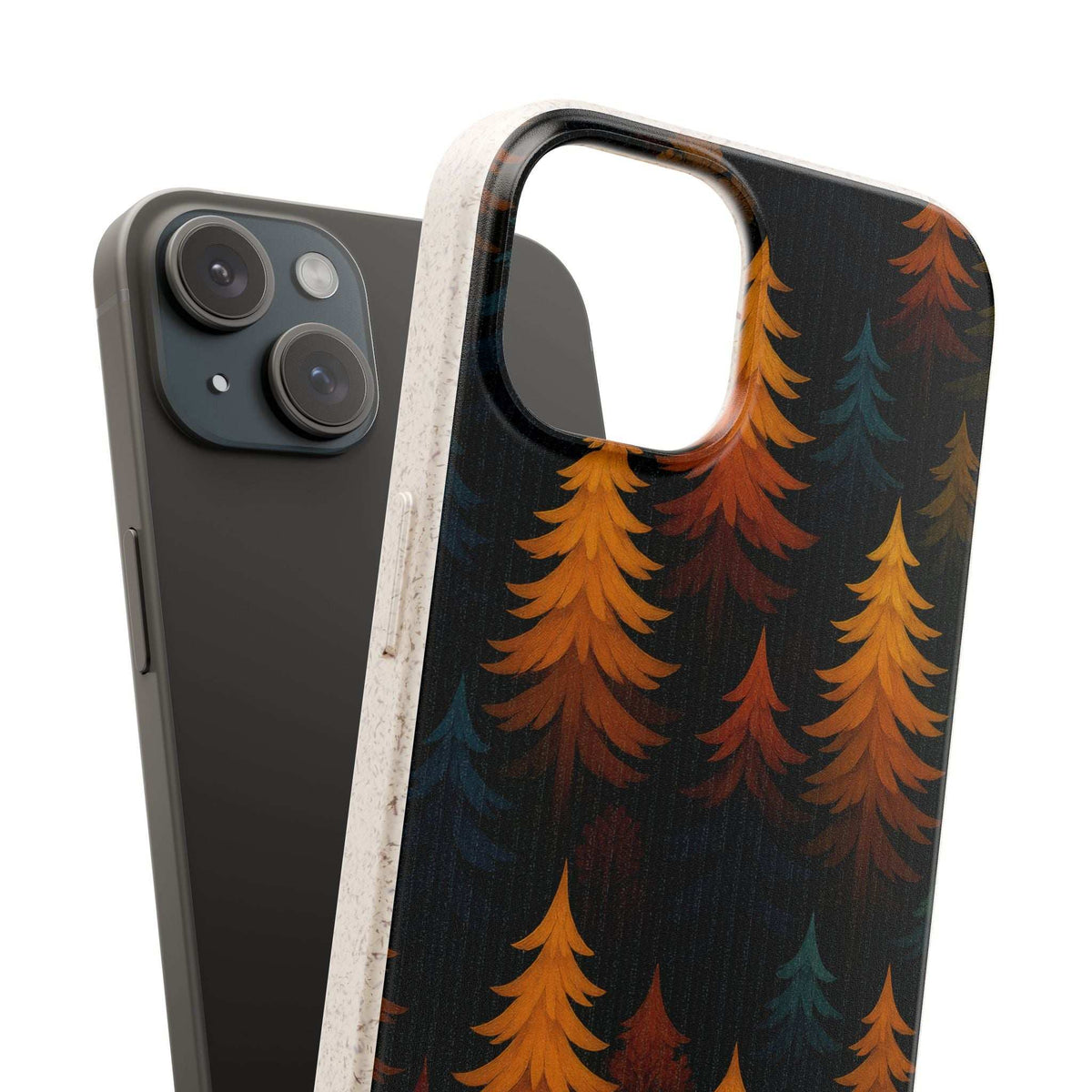 Biodegradable phone case with forest pattern and raised camera cutout on beige shell