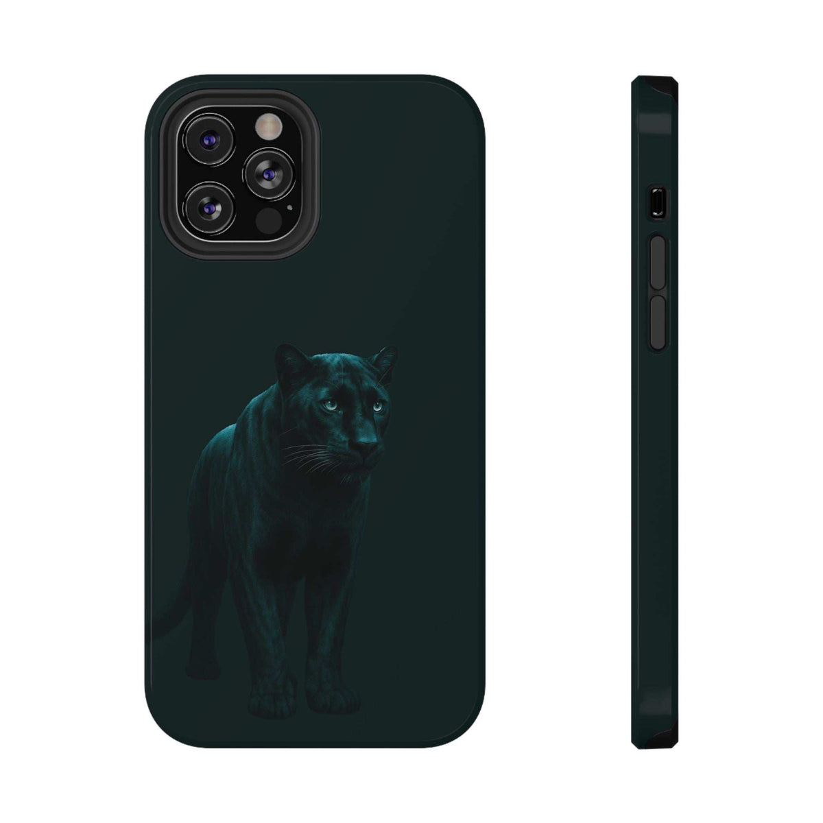 Dark teal phone case with teal panther artwork, side buttons and cutouts shown clearly