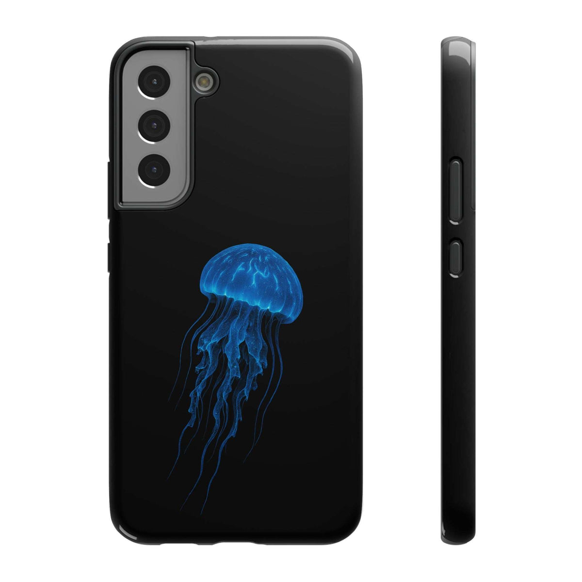 Black phone case with blue jellyfish graphic, camera lens cutouts visible