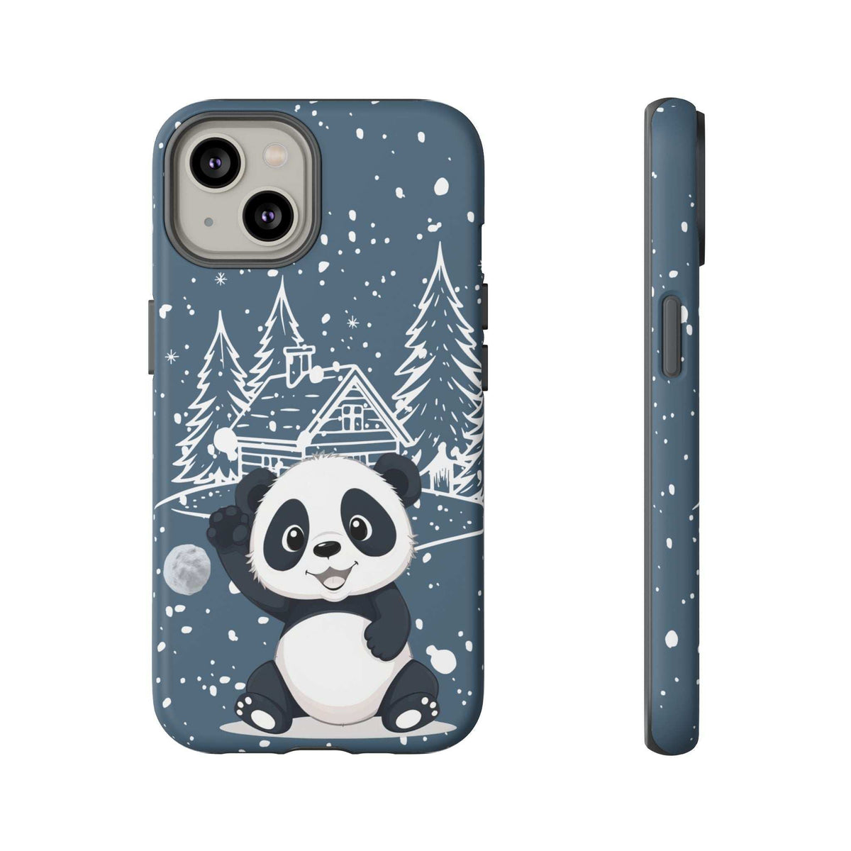 Dark blue panda winter phone case with panda sitting below pine trees and falling snow