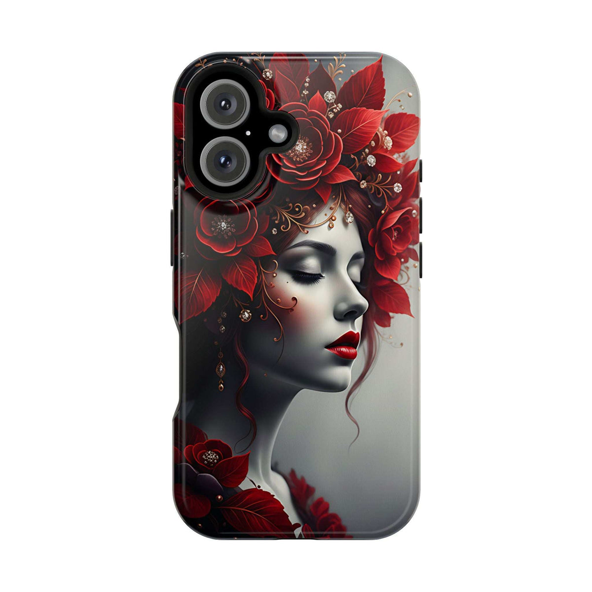Portrait phone case for iPhone 13-17 with red floral accents and woman face near camera lenses