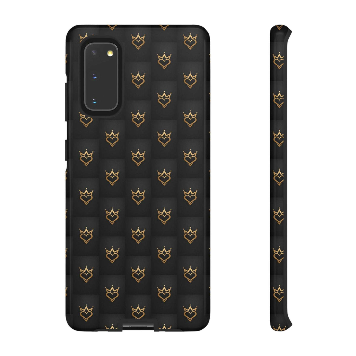 Black phone case with gold crown and heart doodles, back with camera area shown