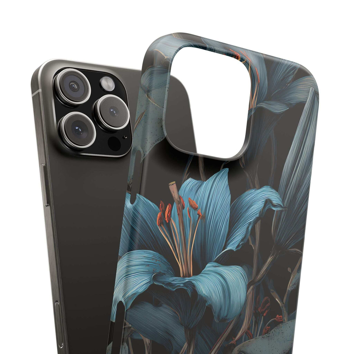 Phone case with blue lily floral art, clear camera opening and large front cutout