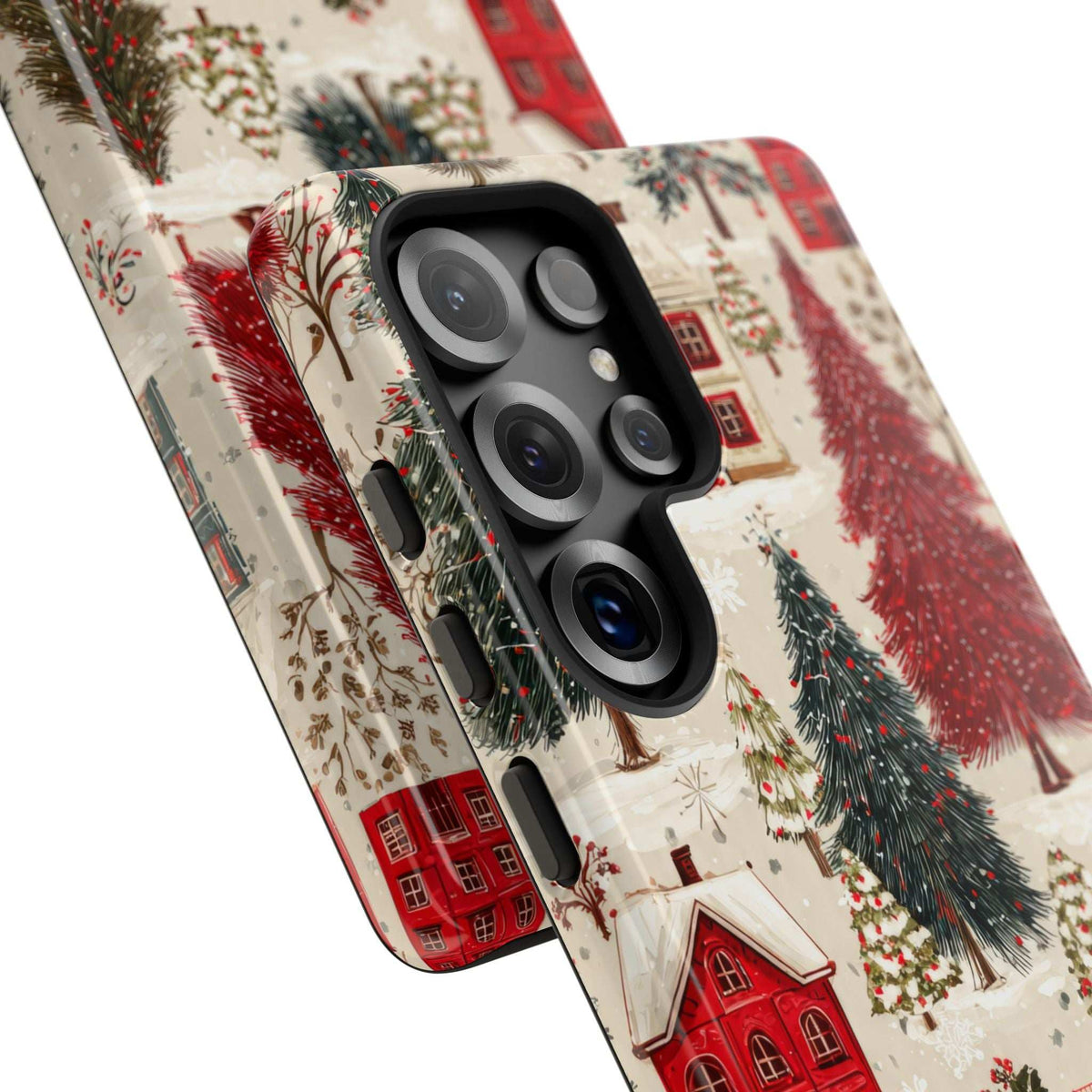 Winter village phone case with red houses and pine trees; angled view of camera area.