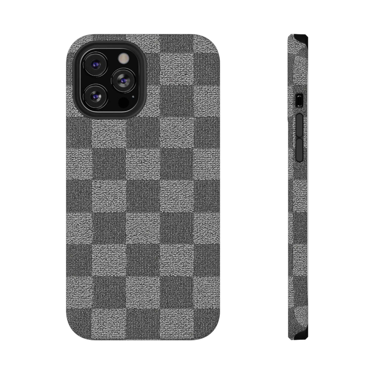 Gray checkered phone case front and side profile, with cutouts for ports and buttons