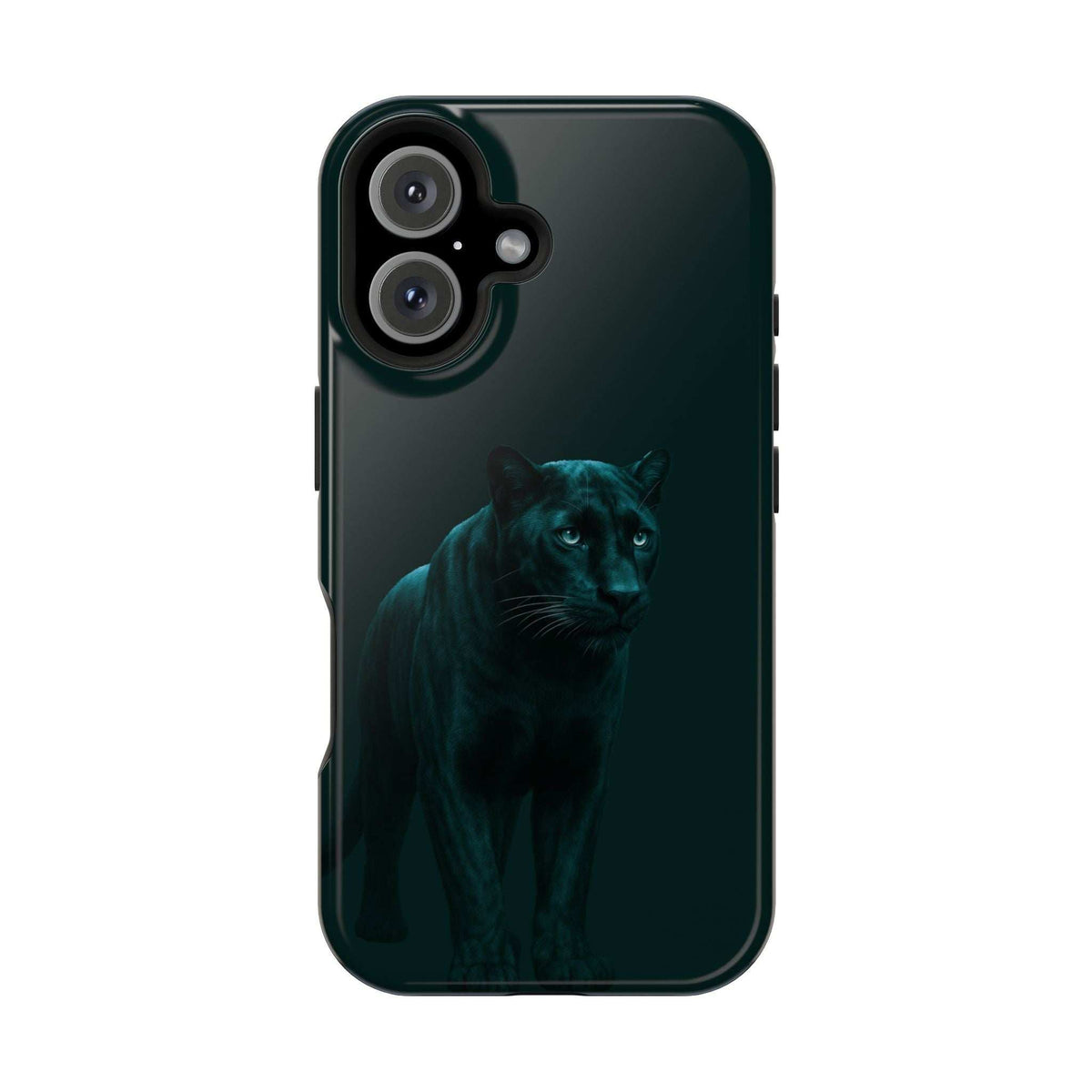Dark phone case with panther graphic and side buttons visible along the edge