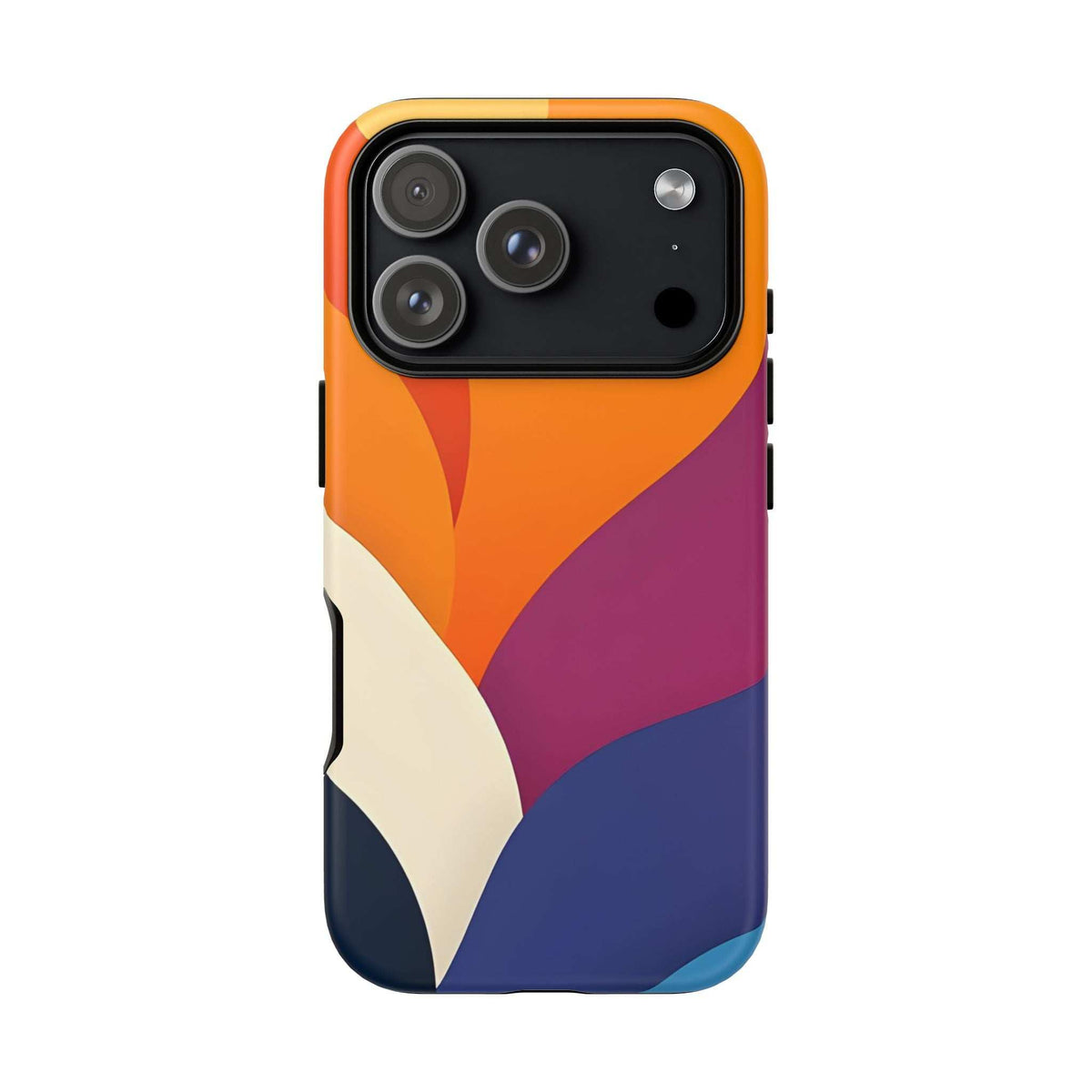 Abstract phone case with orange-magenta geometric shapes, navy base, and triple camera cutout.