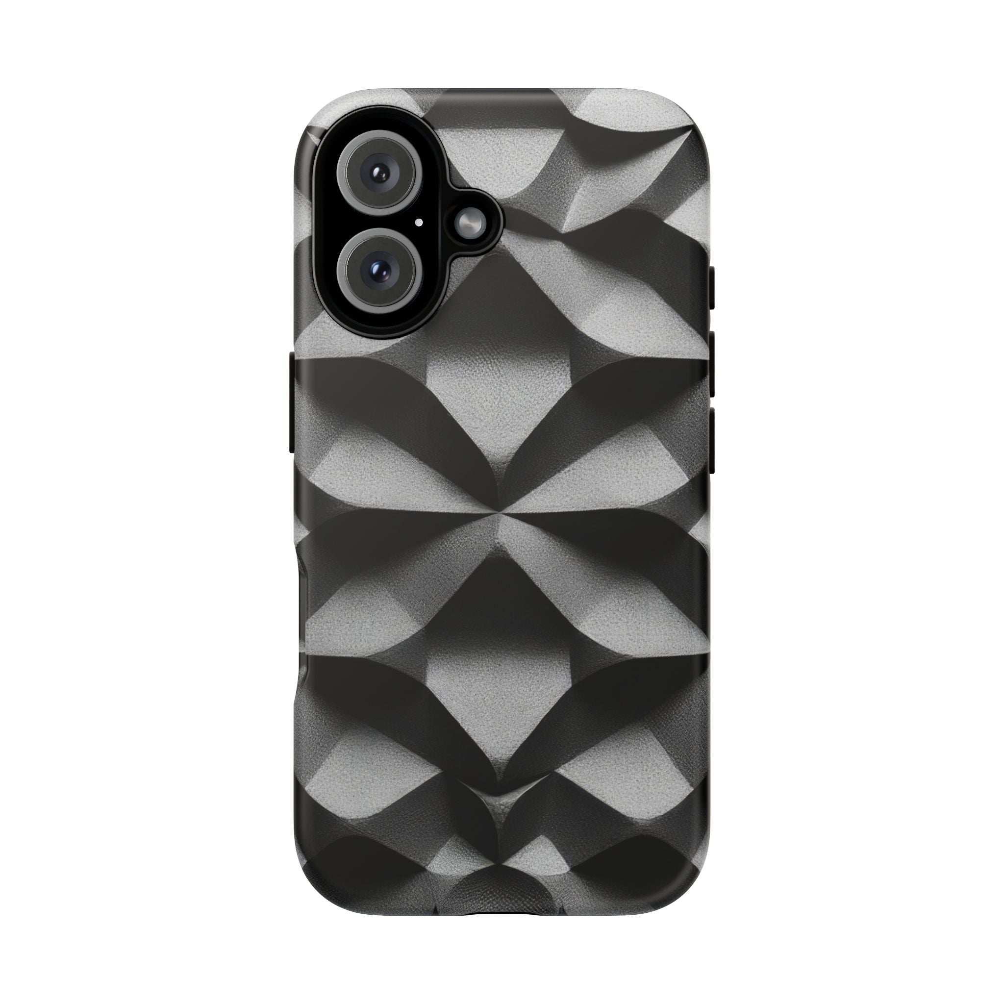 Rugged phone case featuring a black and gray geometric pattern; camera cutouts visible