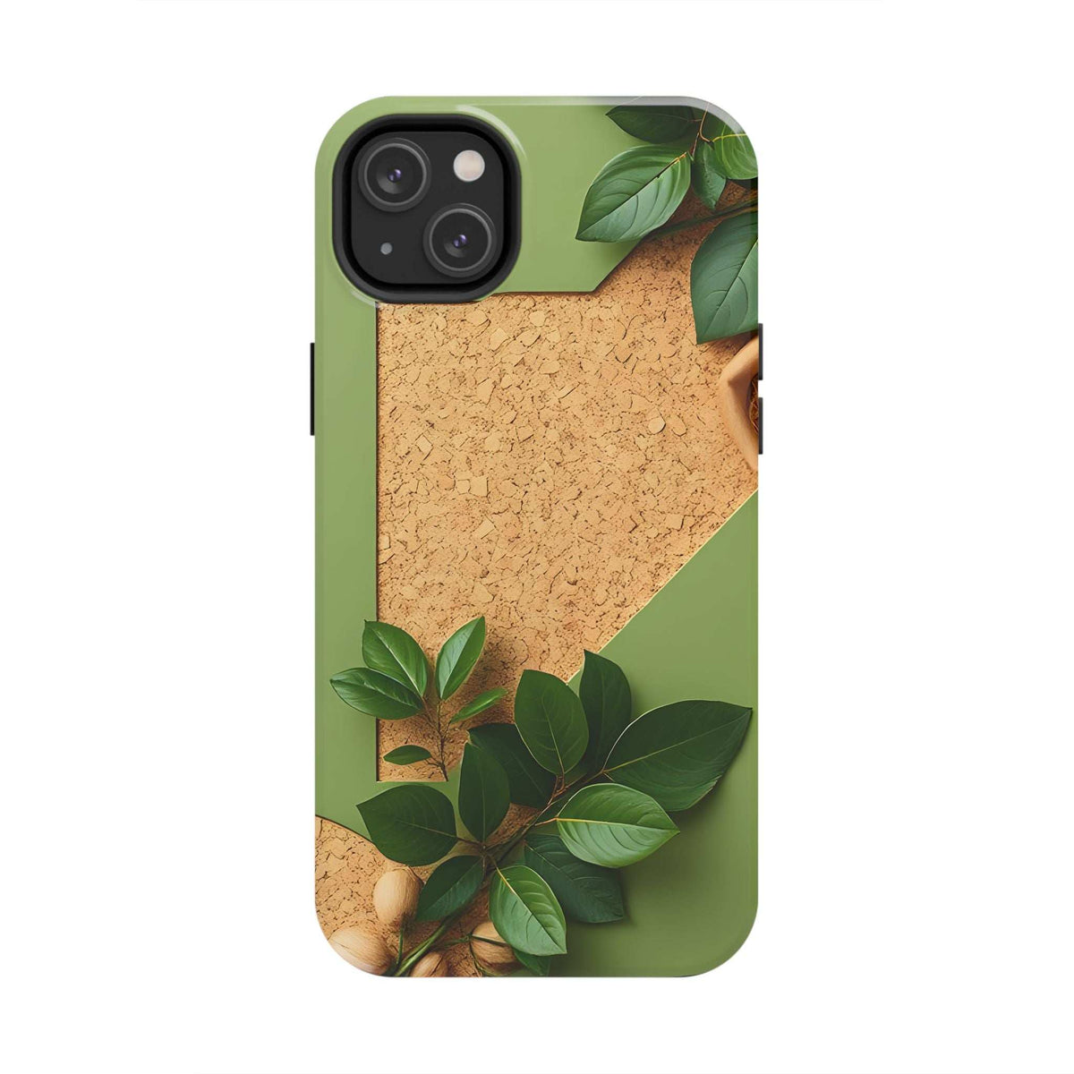 Green eco phone case with cork-like texture, leaf pattern, and side button cutouts