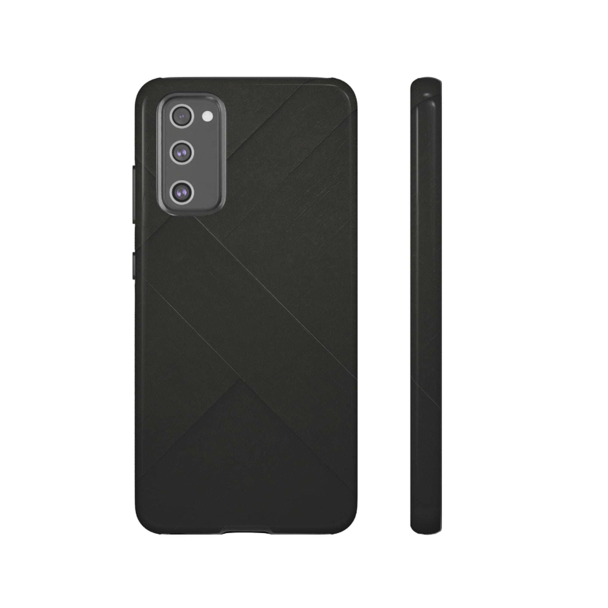Matte black phone case with diagonal line pattern, back and side profile views