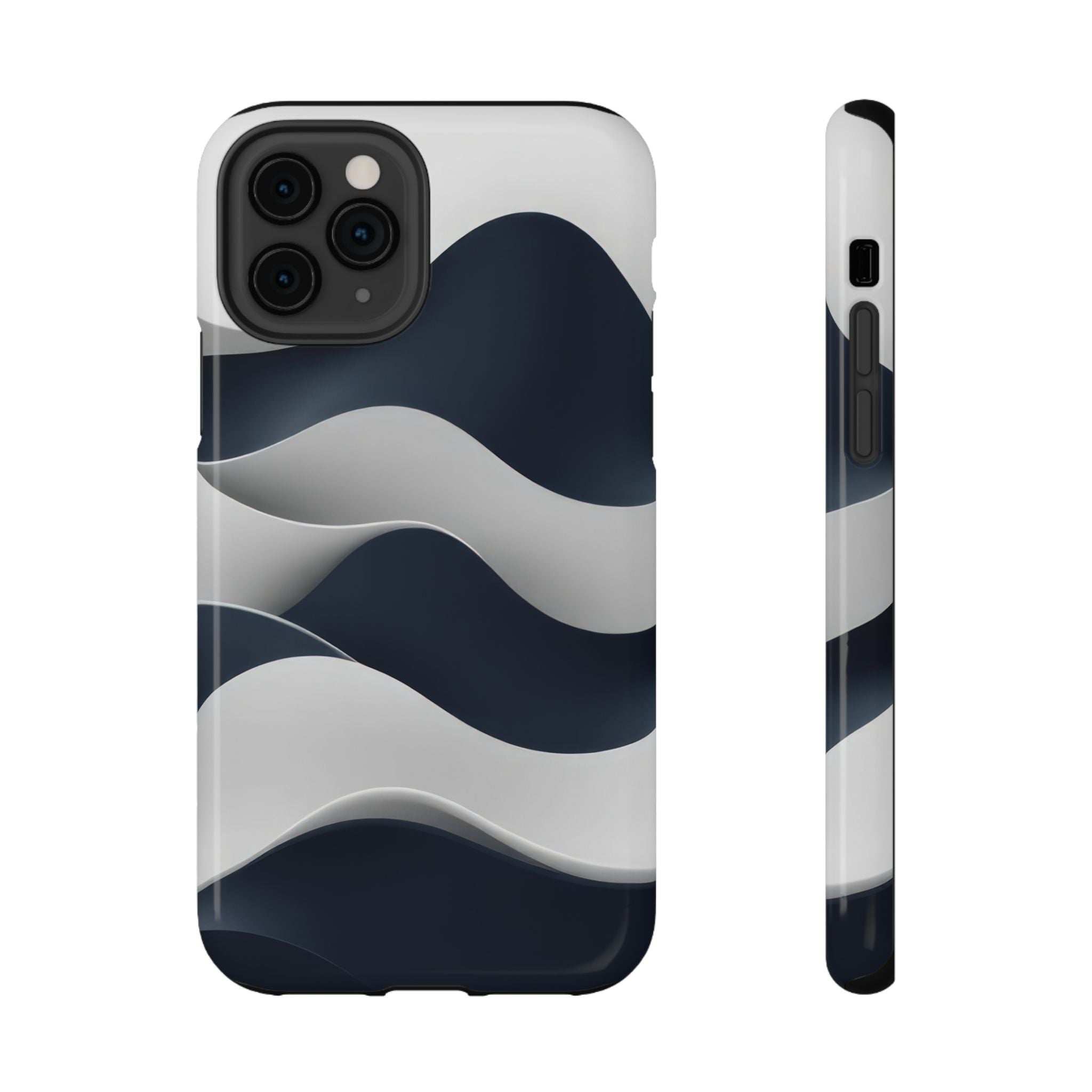 Phone case front and side view; light backing with dark-blue wavy pattern and camera cutouts.