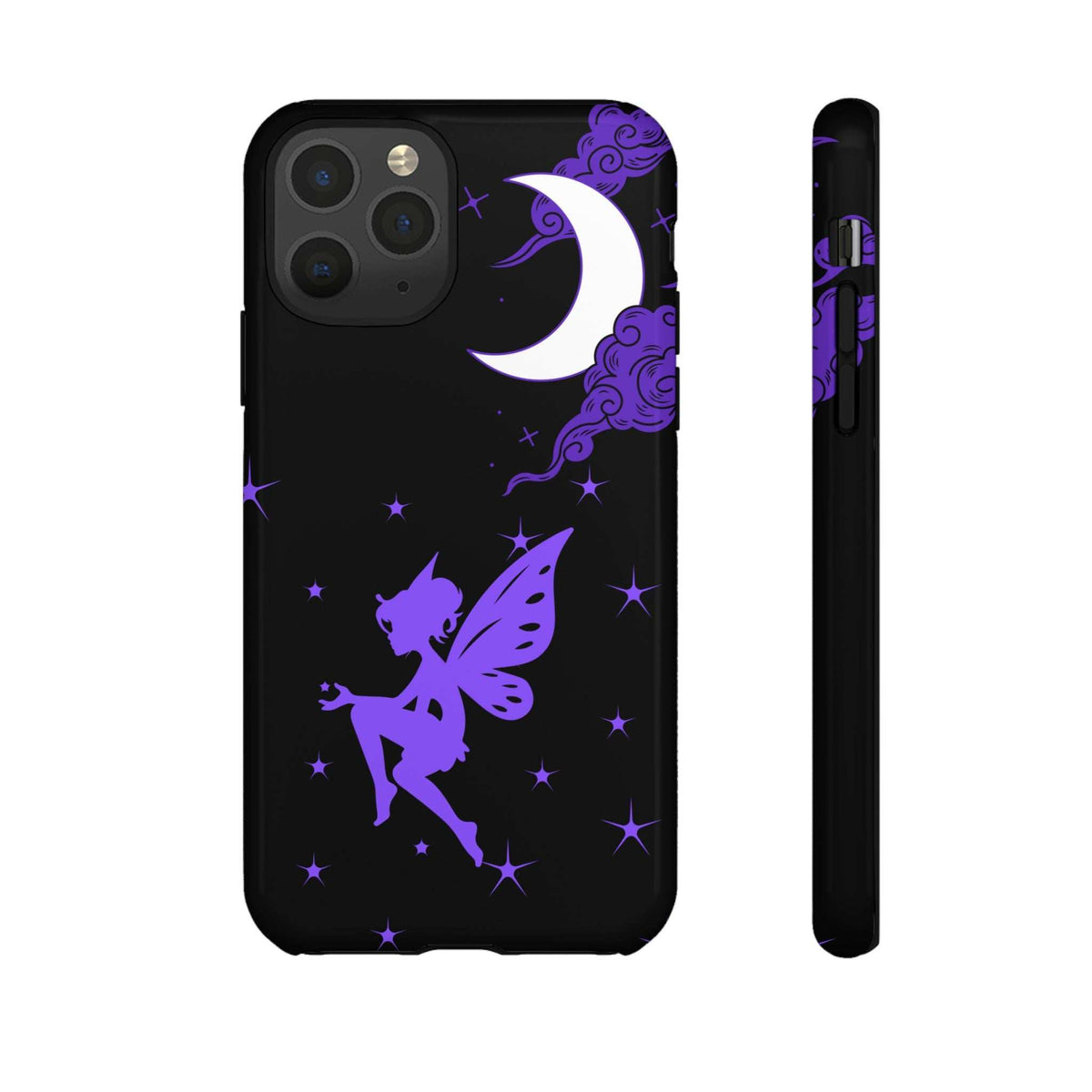 Black phone case with purple moon, clouds, and fairy wings; camera openings on back