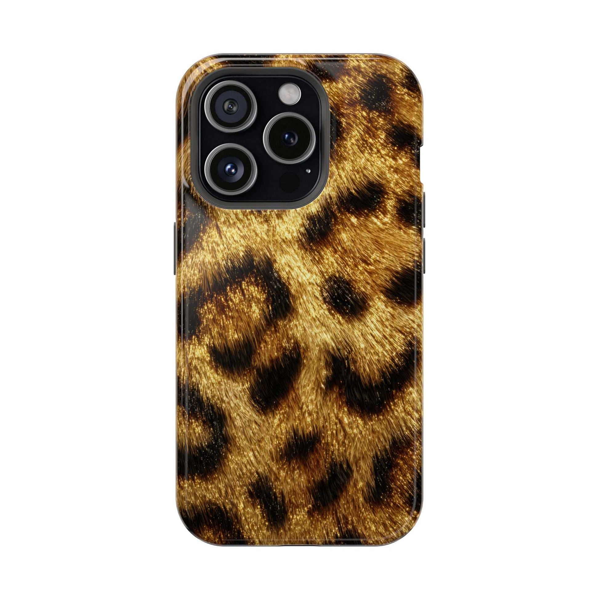 Glossy leopard print phone case with gold and black spots, multi-lens camera cutout.