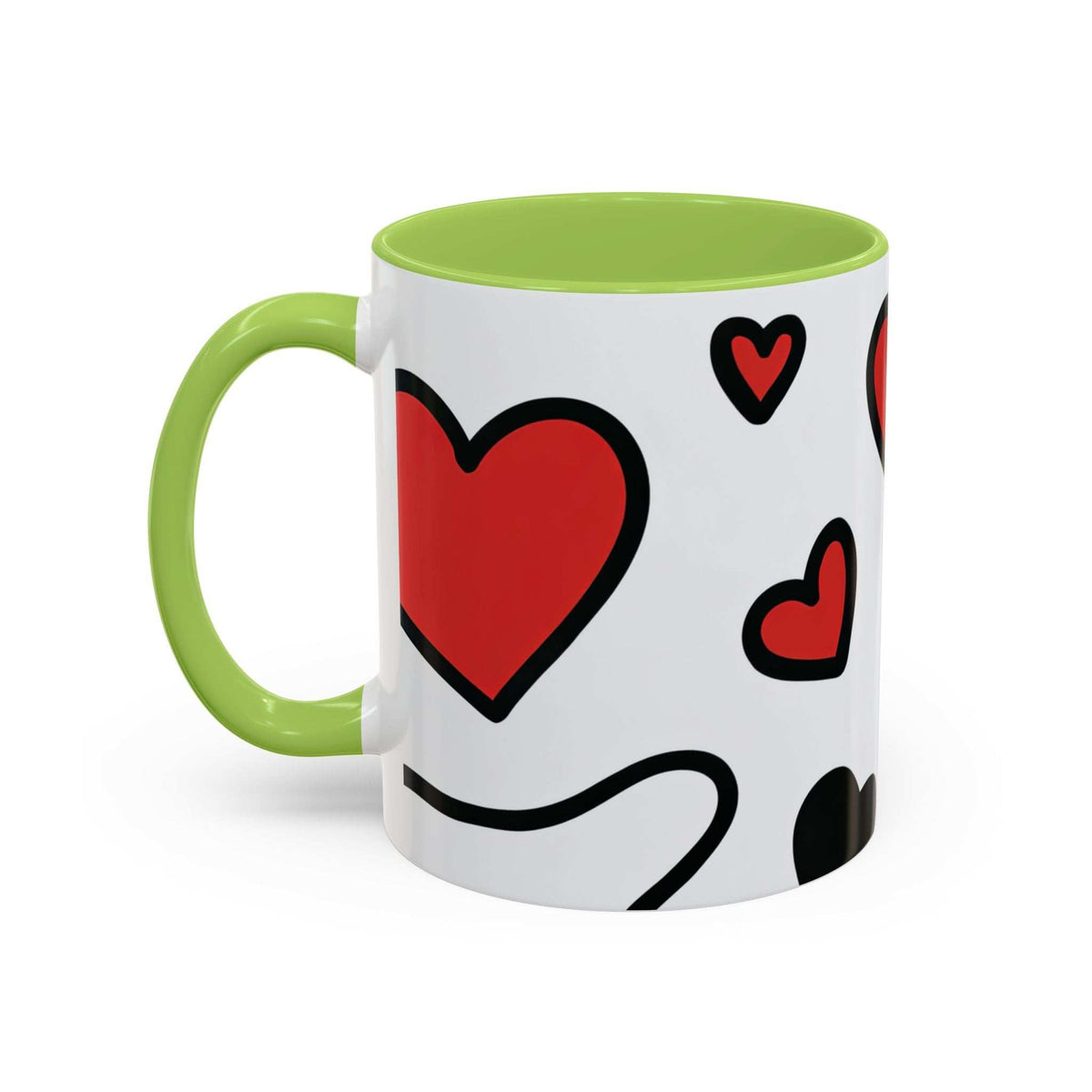 Heart pattern accent coffee mug, white with red hearts, green rim and handle