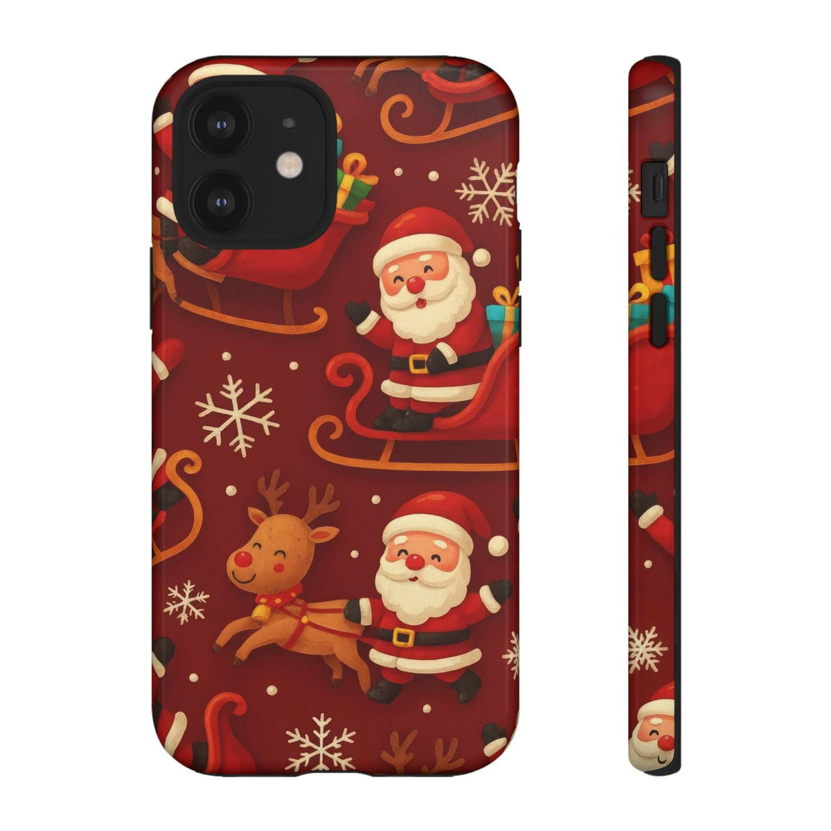 Glossy Santa sleigh ride phone case in red with Santa, reindeer, snowflakes pattern.
