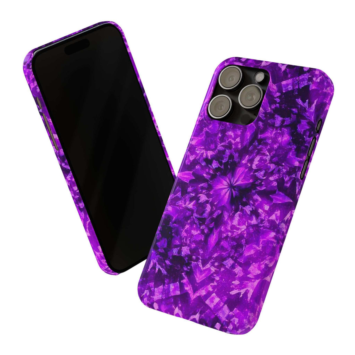 Purple kaleidoscope phone case with back and front views, camera lenses visible.