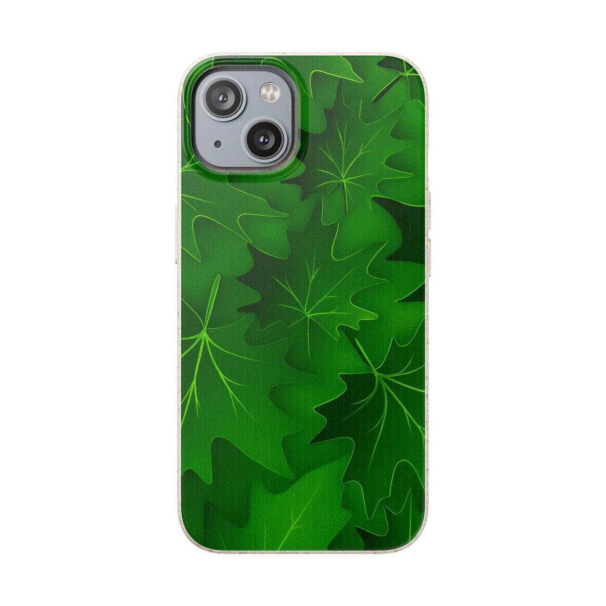 Green phone case with botanical leaf pattern and dual camera cutout in top-left