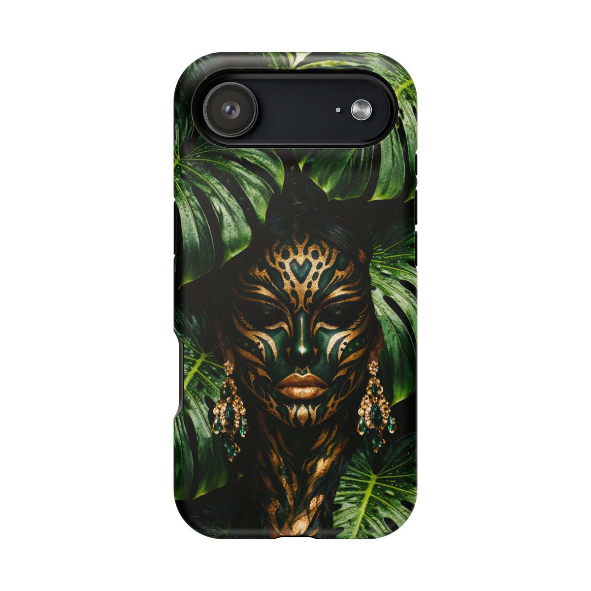 Phone case with jungle spirit face and tropical leaf pattern, top camera cutout and lens opening
