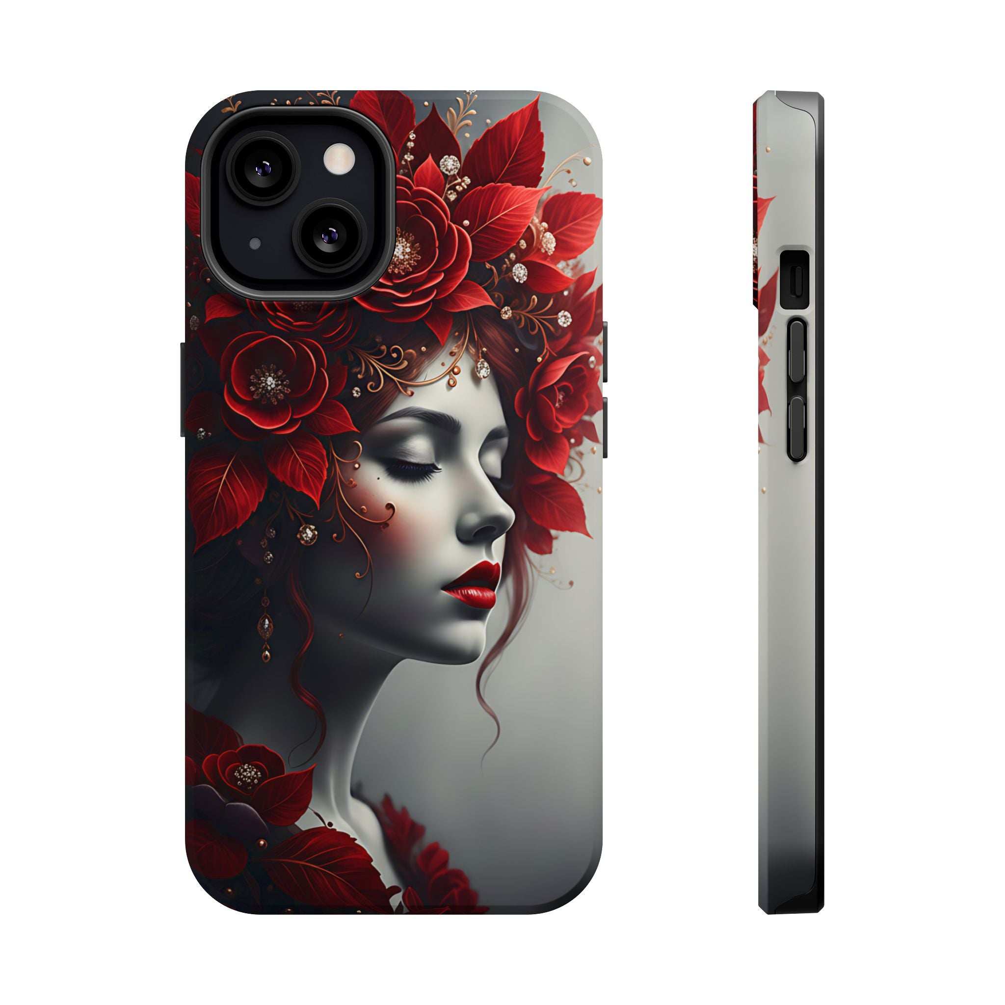 Phone case with red floral portrait woman, black camera cutouts, side buttons visible