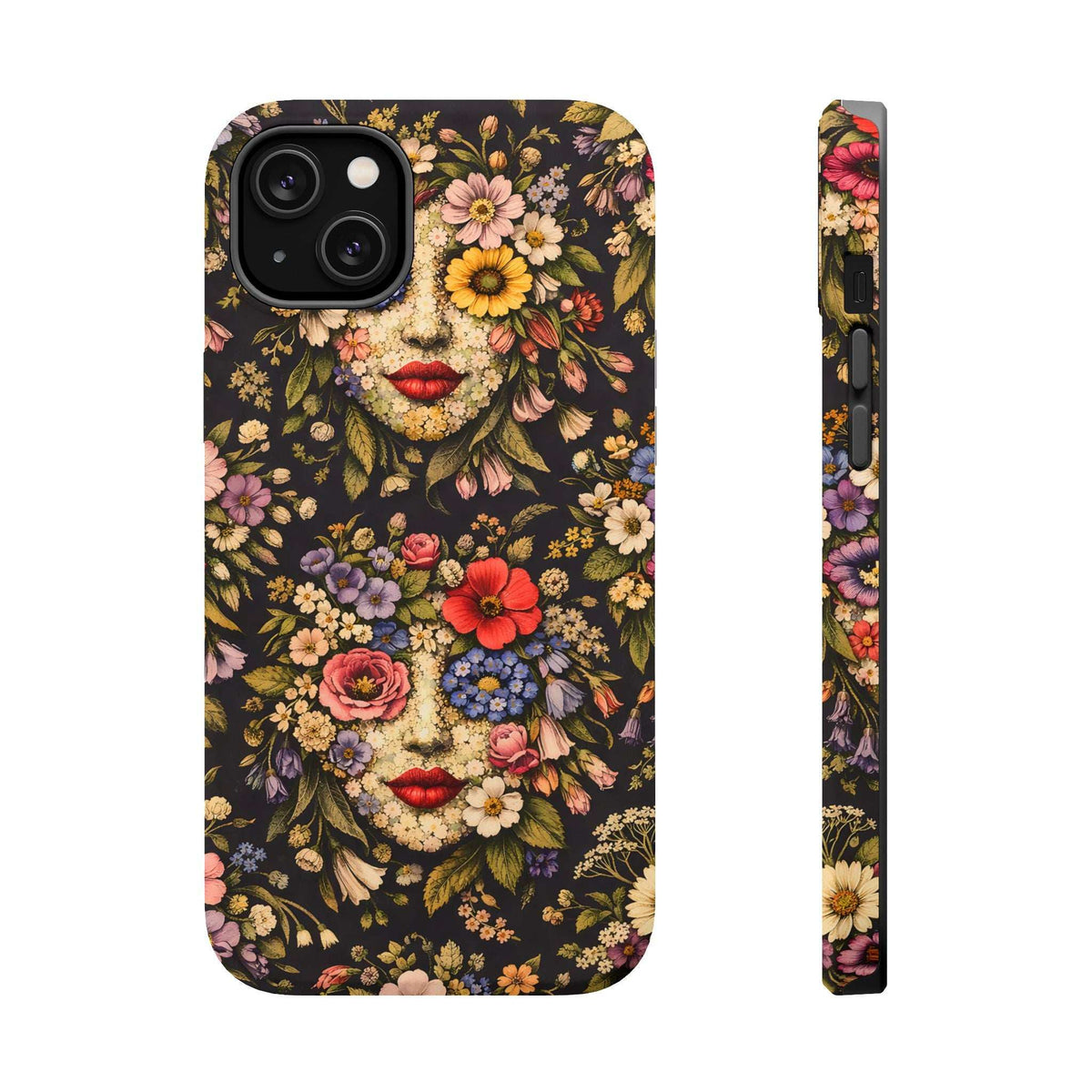 Floral face phone case, dark background, front view and side strip