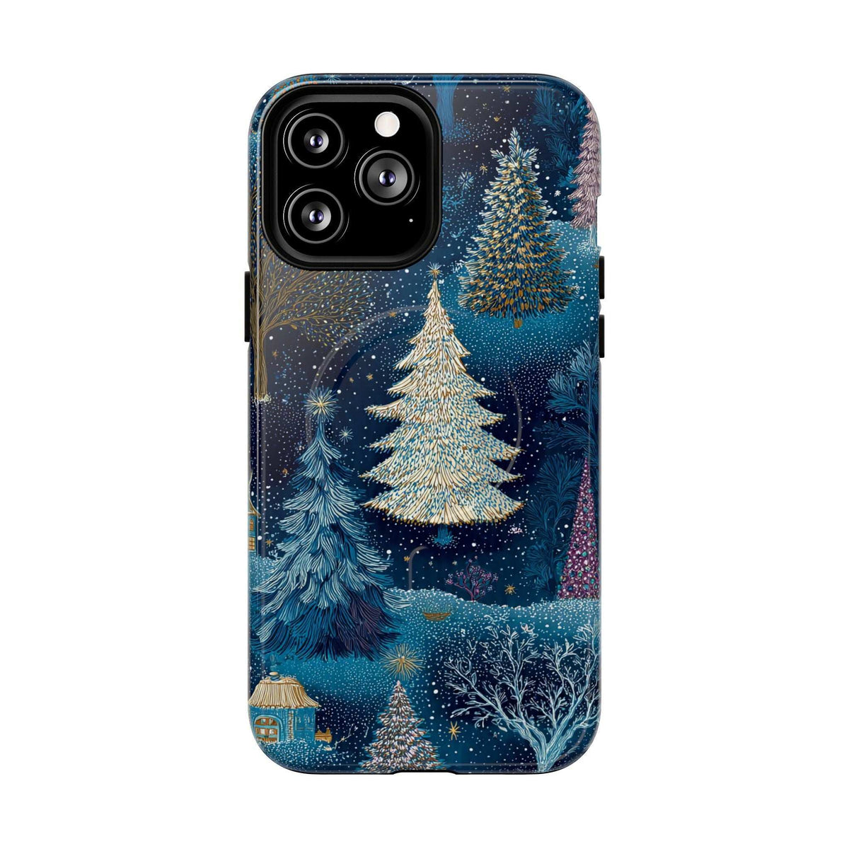 Glossy deep blue phone case with winter trees and glitter snowfall; camera cutout visible.