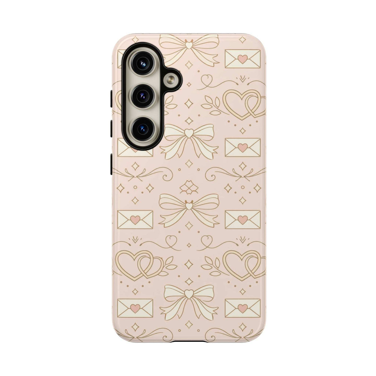 Light pink tough phone case with hearts, bows, and envelope pattern; raised camera cutouts