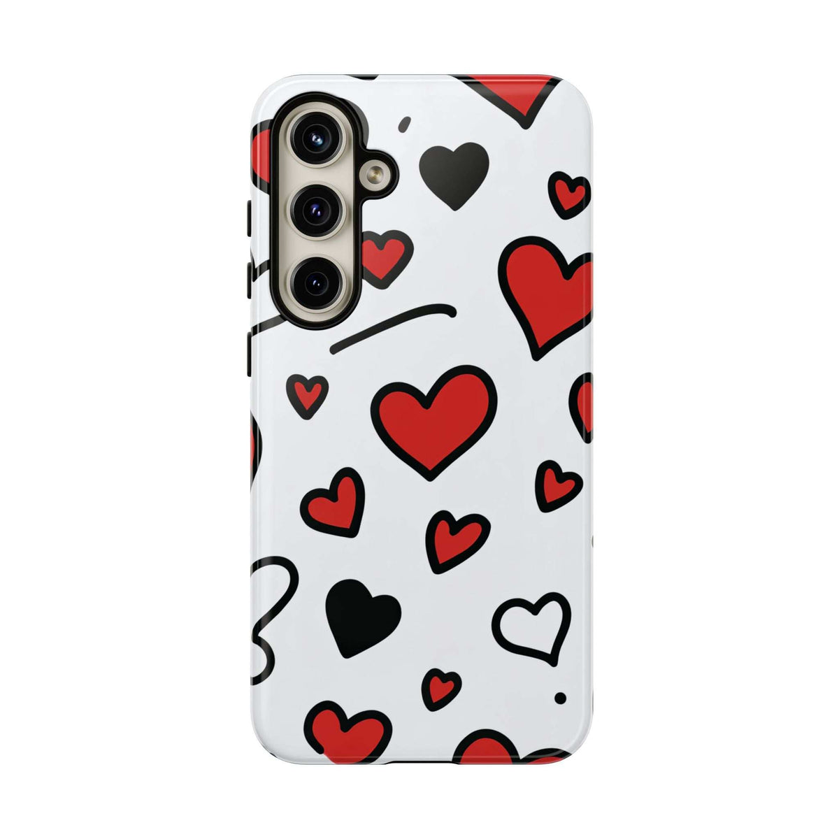 White phone case with scattered hearts pattern; smooth back with camera openings.