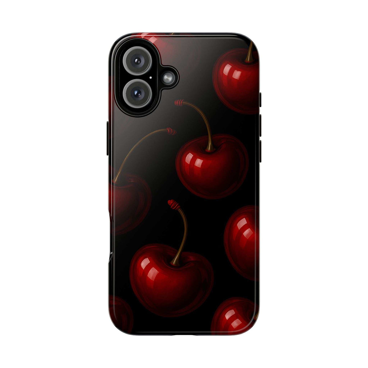 Cherry phone case with glossy finish, black and red cherry design, camera cutouts and side buttons.
