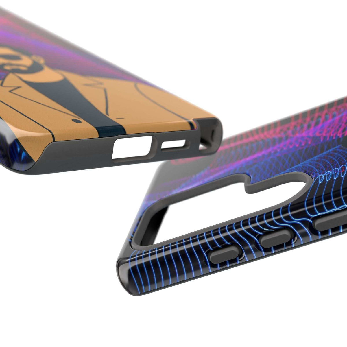 Glossy phone case close-up with side grip and button openings over neon blue/pink lines