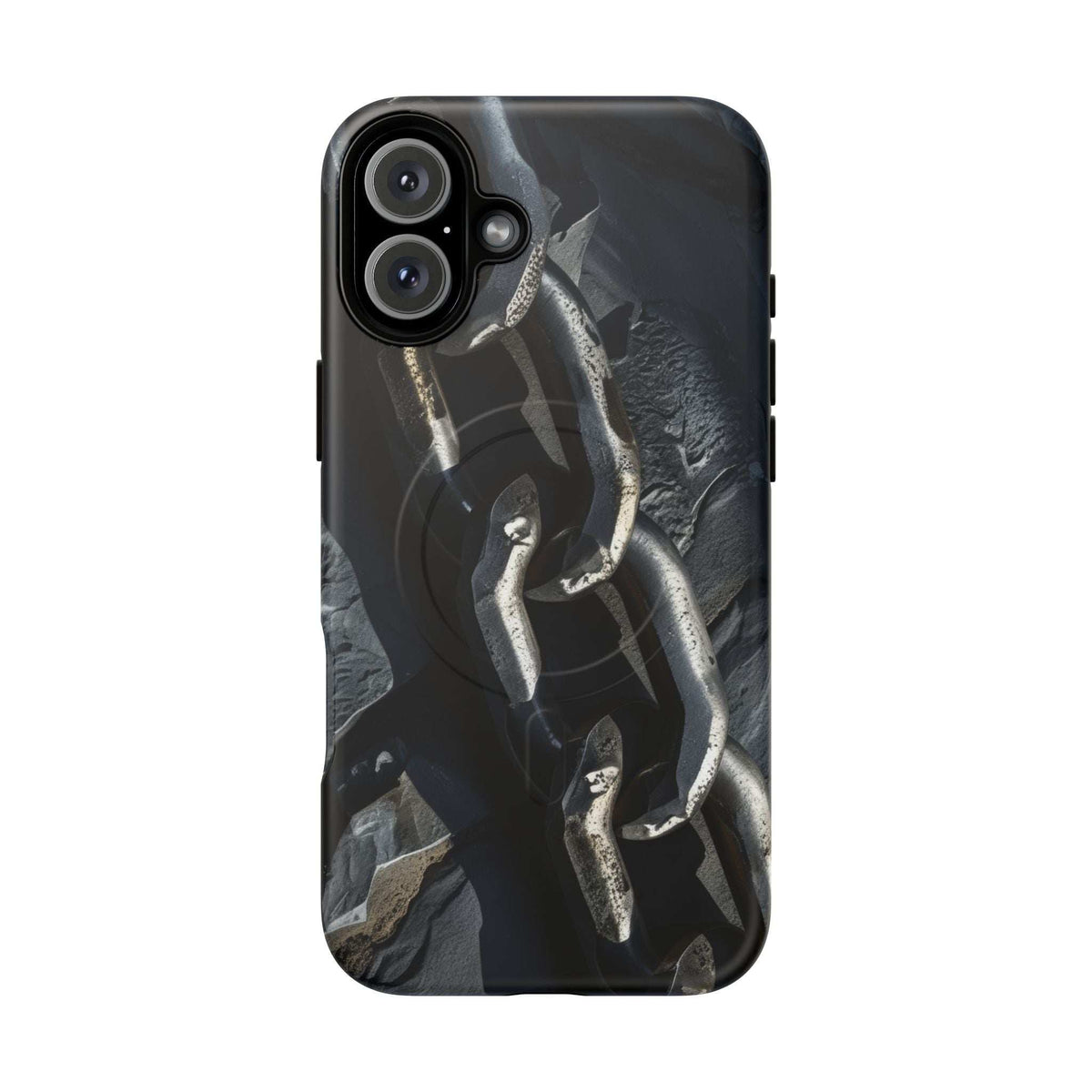 Magnetic phone case for iPhone 13-17, black chain link pattern with raised edges
