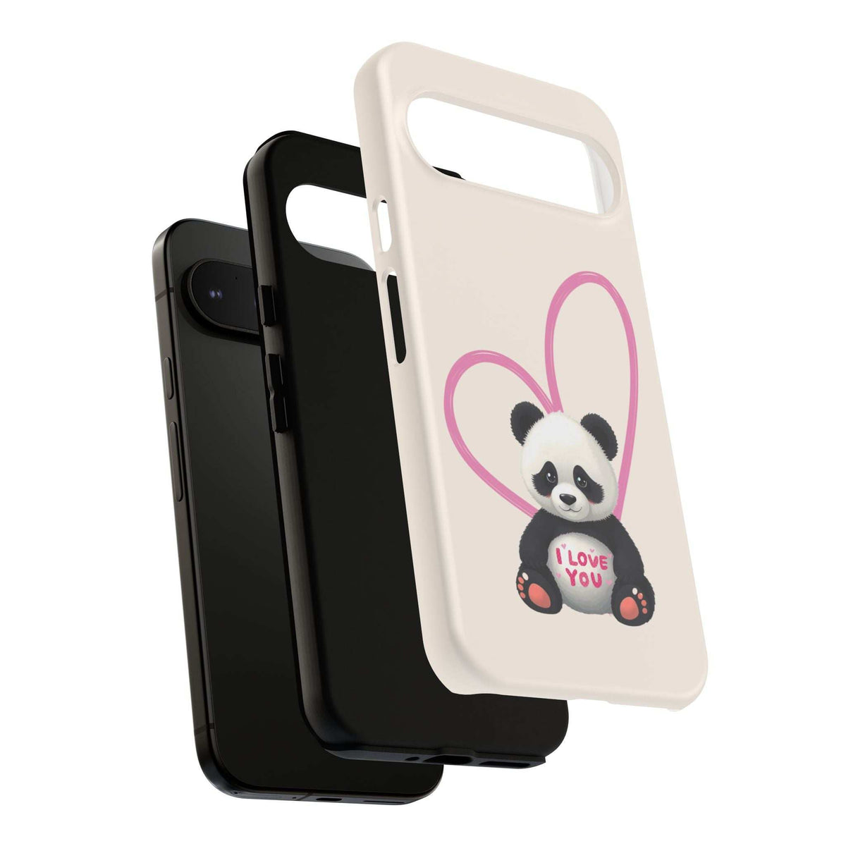 Cute panda phone case in cream with pink heart frame and small love you heart