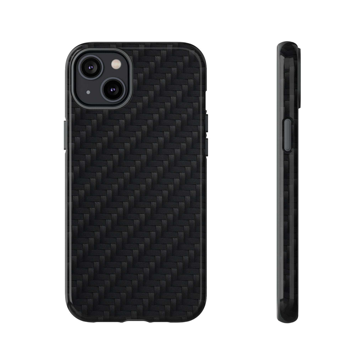 Black carbon fiber phone case with camera cutouts and slim side profile, front and side view.