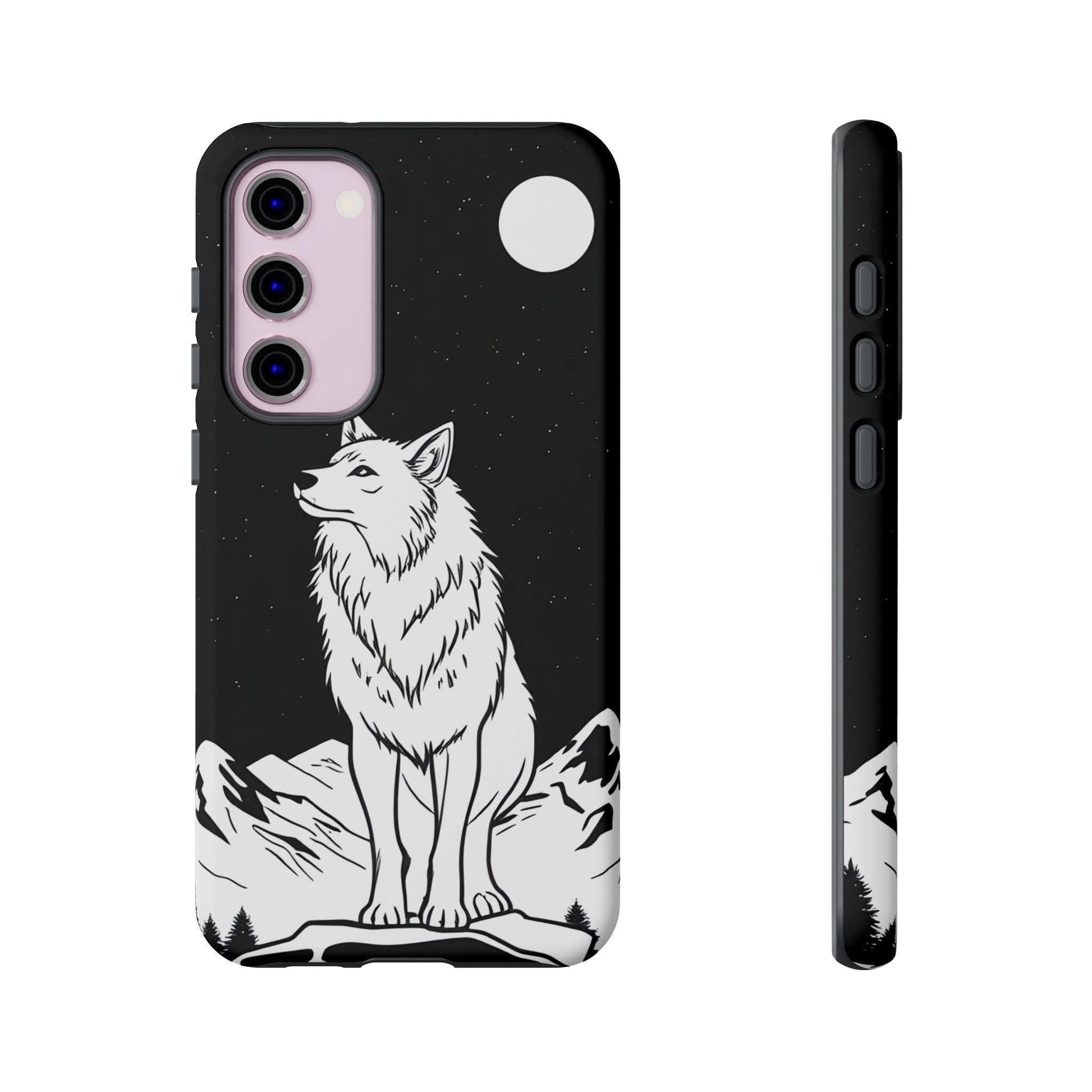 Black phone case with white wolf illustration, moon detail, and side buttons on edge.