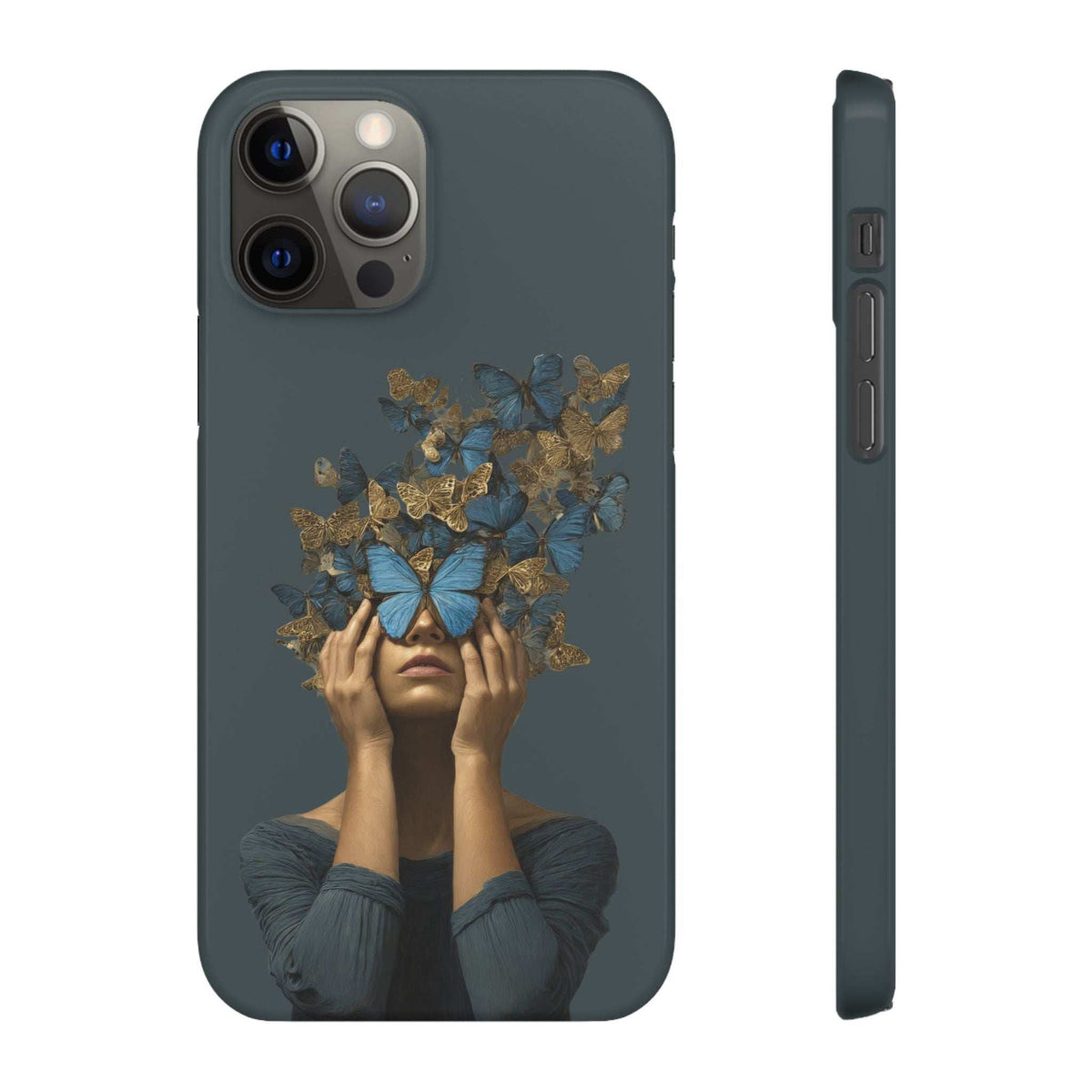 Dark gray phone case with butterfly woman graphic and multi-lens camera cutout