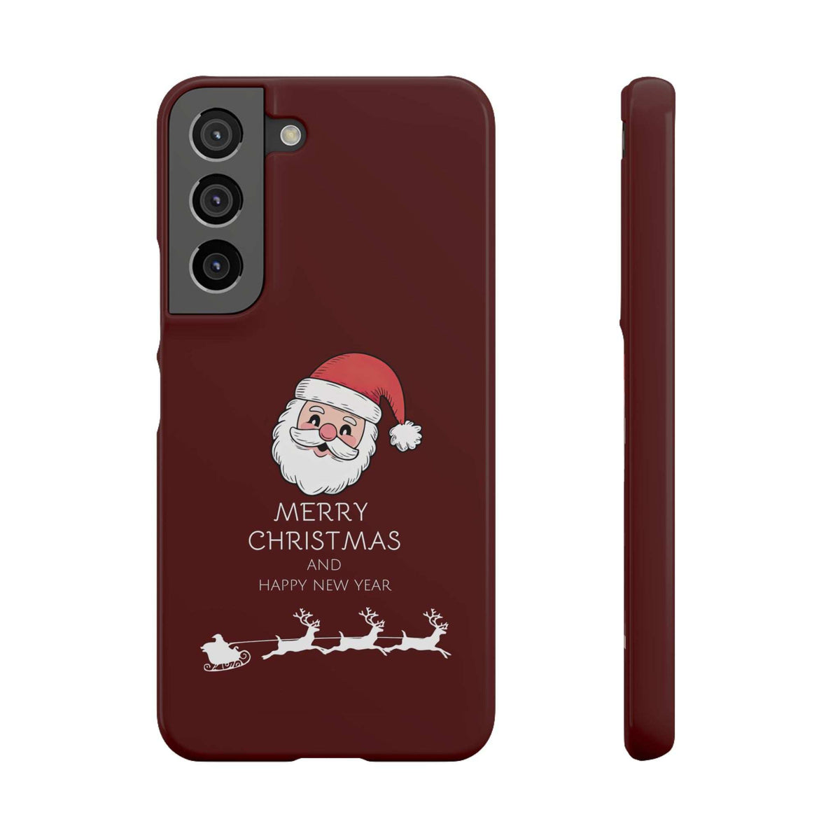 Glossy maroon phone case with Santa graphic, Merry Christmas and Happy New Year, and camera lenses.