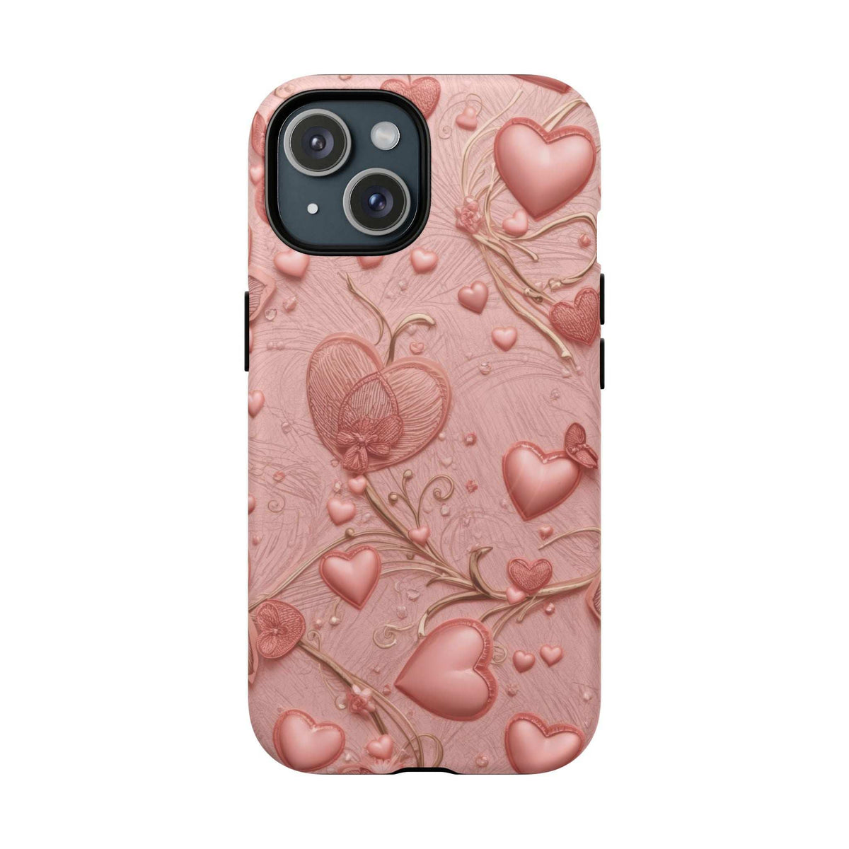 Pink phone case with raised hearts and swirls, visible camera module cutout