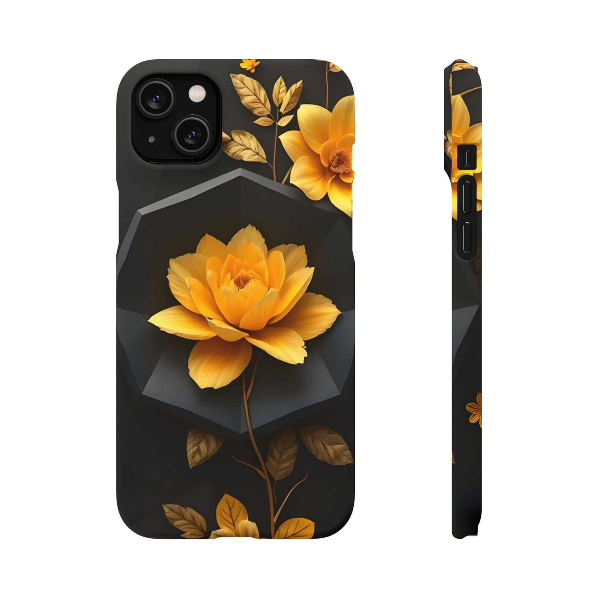 Black phone case with yellow flower and leaves; camera openings and matching side print