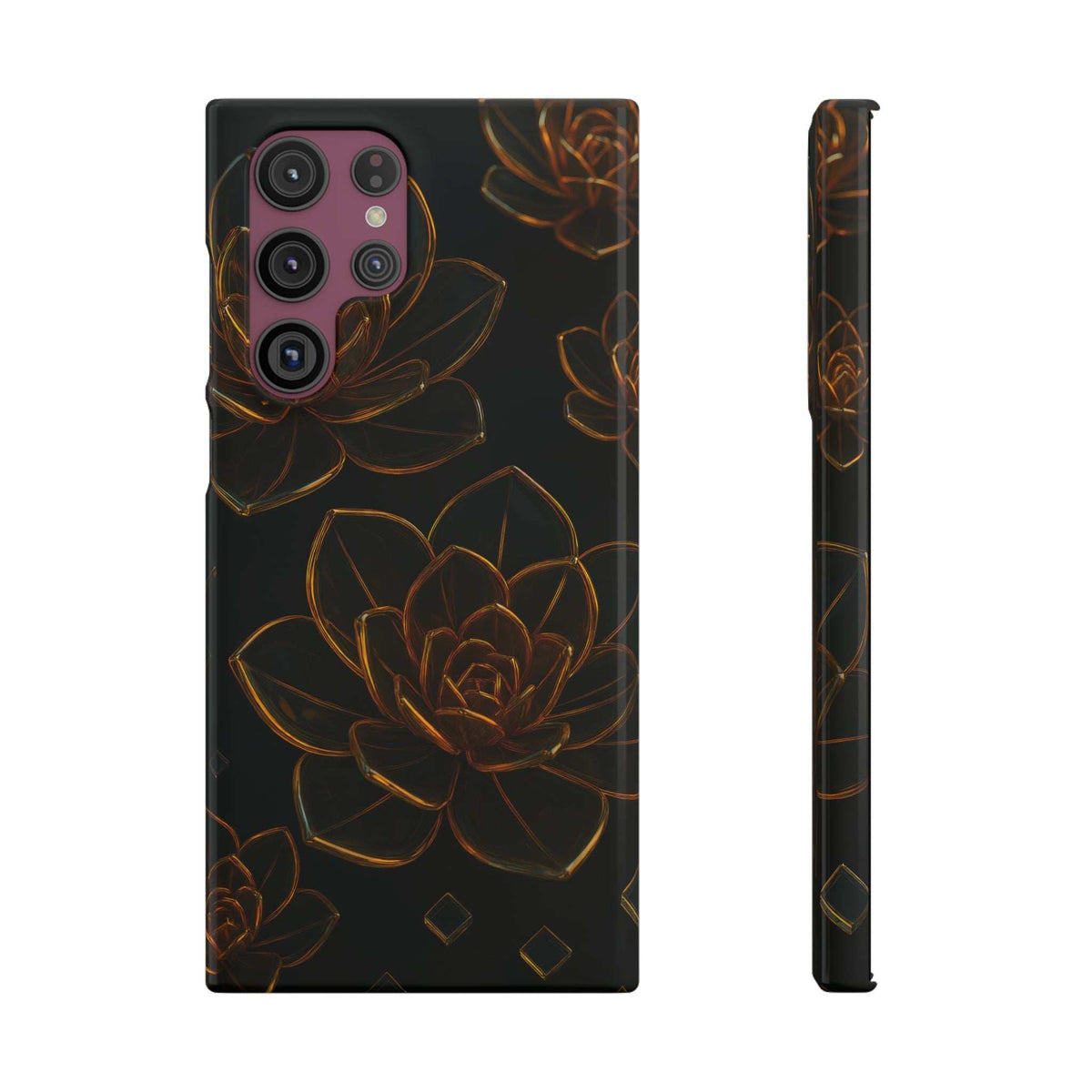 Glossy black glass phone case with gold lotus line art, four-camera layout