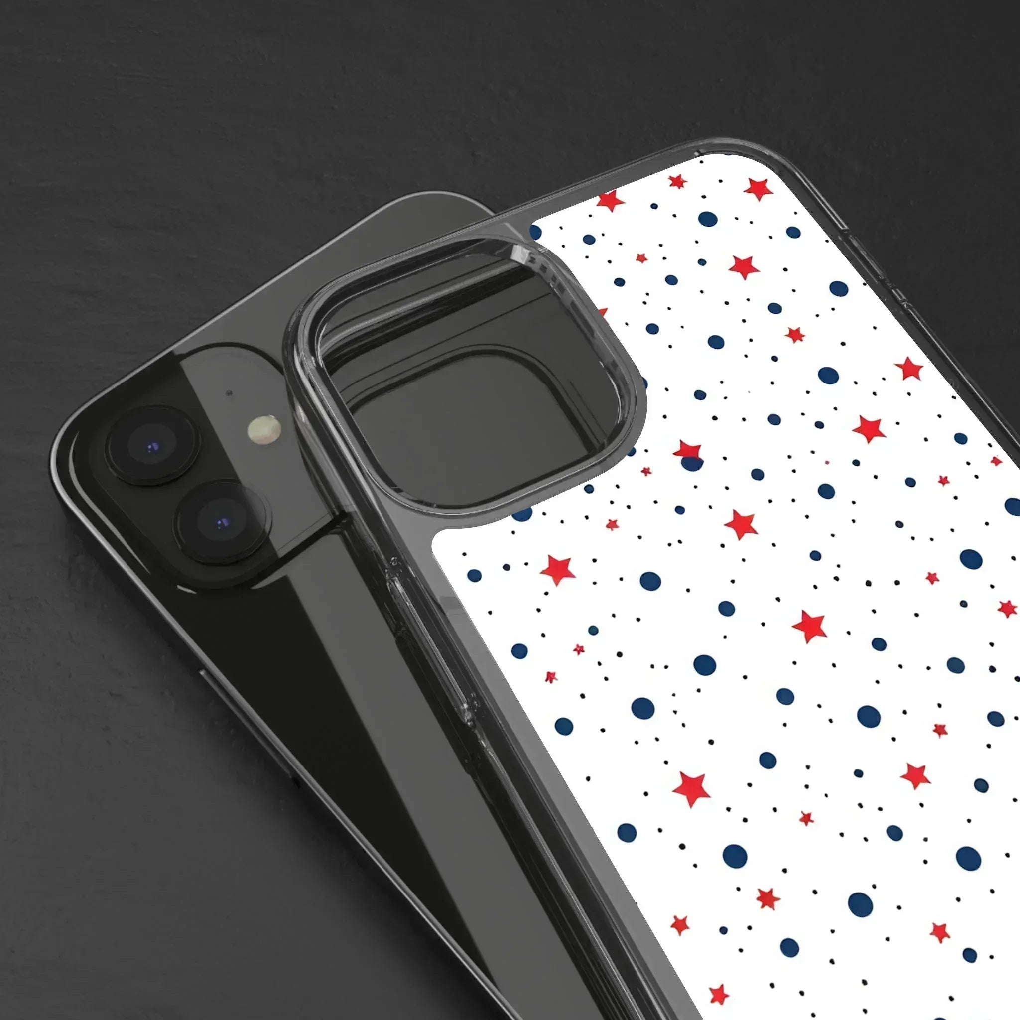 White Phone Case with Red Stars and Blue Polka Dots for iPhone and Galaxy - KARARMDESIGN