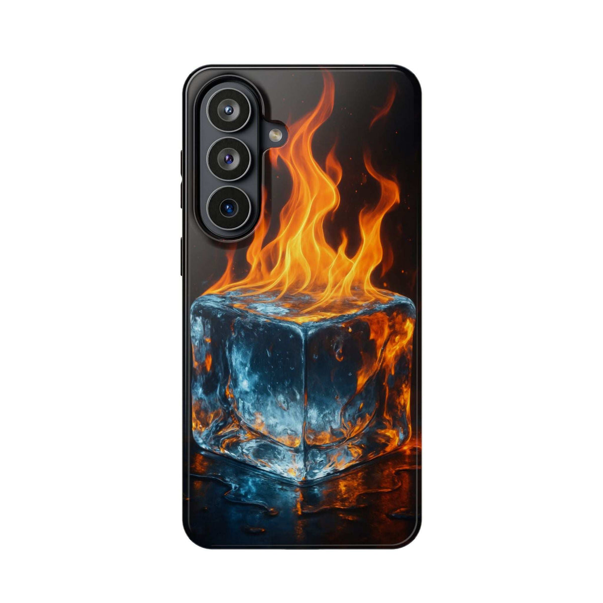 Flame and ice phone case showing orange flames rising above a dark blue cube graphic