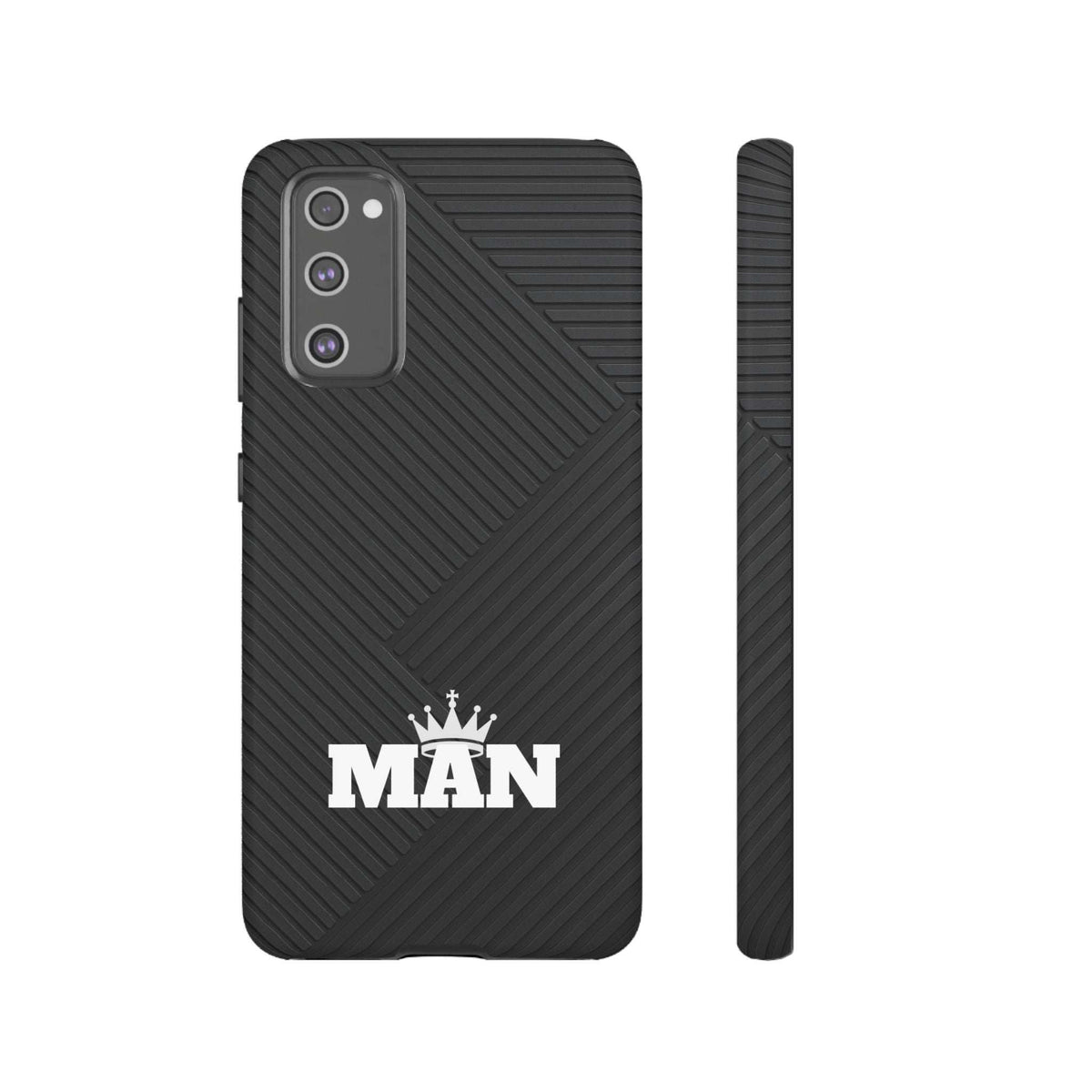 Black phone case with textured back, MAN logo, and side edge profile view.
