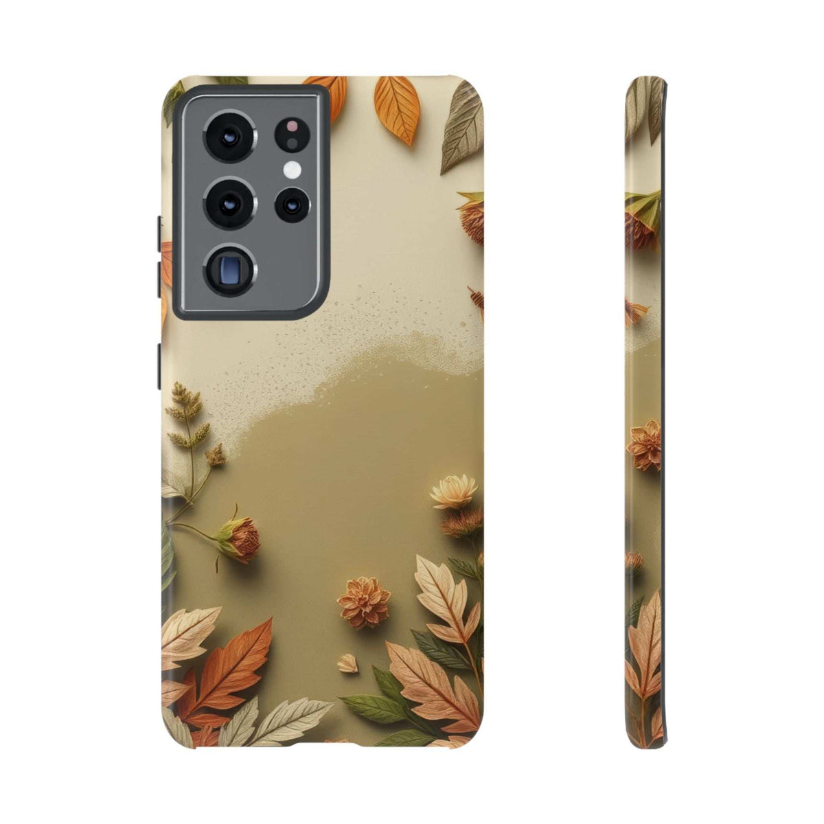 Phone case with fall leaves print on a light background and rear camera window
